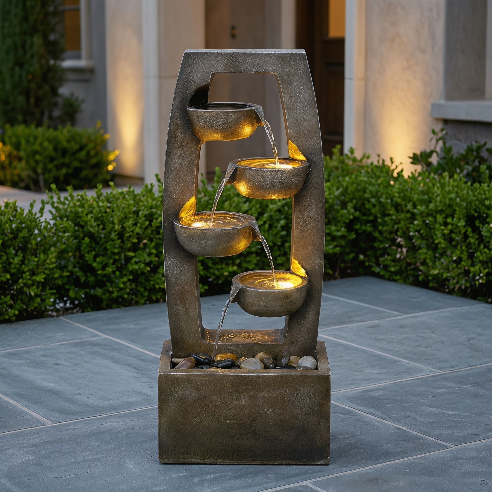 Outdoor Water Fountain With Warm LED Lights, 4 Tier Cascading Bowl For Patio - Brown