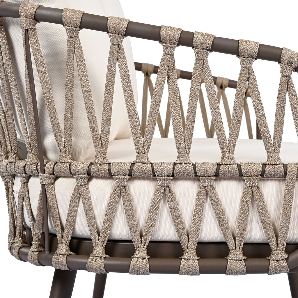 4 Piece Outdoor Patio Furniture Set, Metal Chairs With Woven Rope U Shaped Backrest