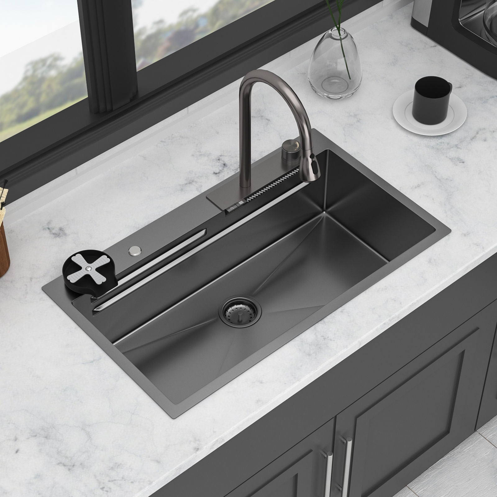 33" Stainless Steel Single Bowl Kitchen Sink With Waterfall Flow