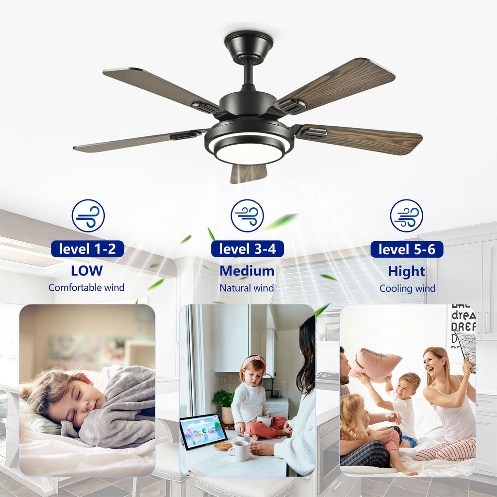 5 Blades Ceiling Fan With LED Light 3000 - 6500K Dimmable, 6 Speed Levels, Reversible Ceiling Fan - Matte Black