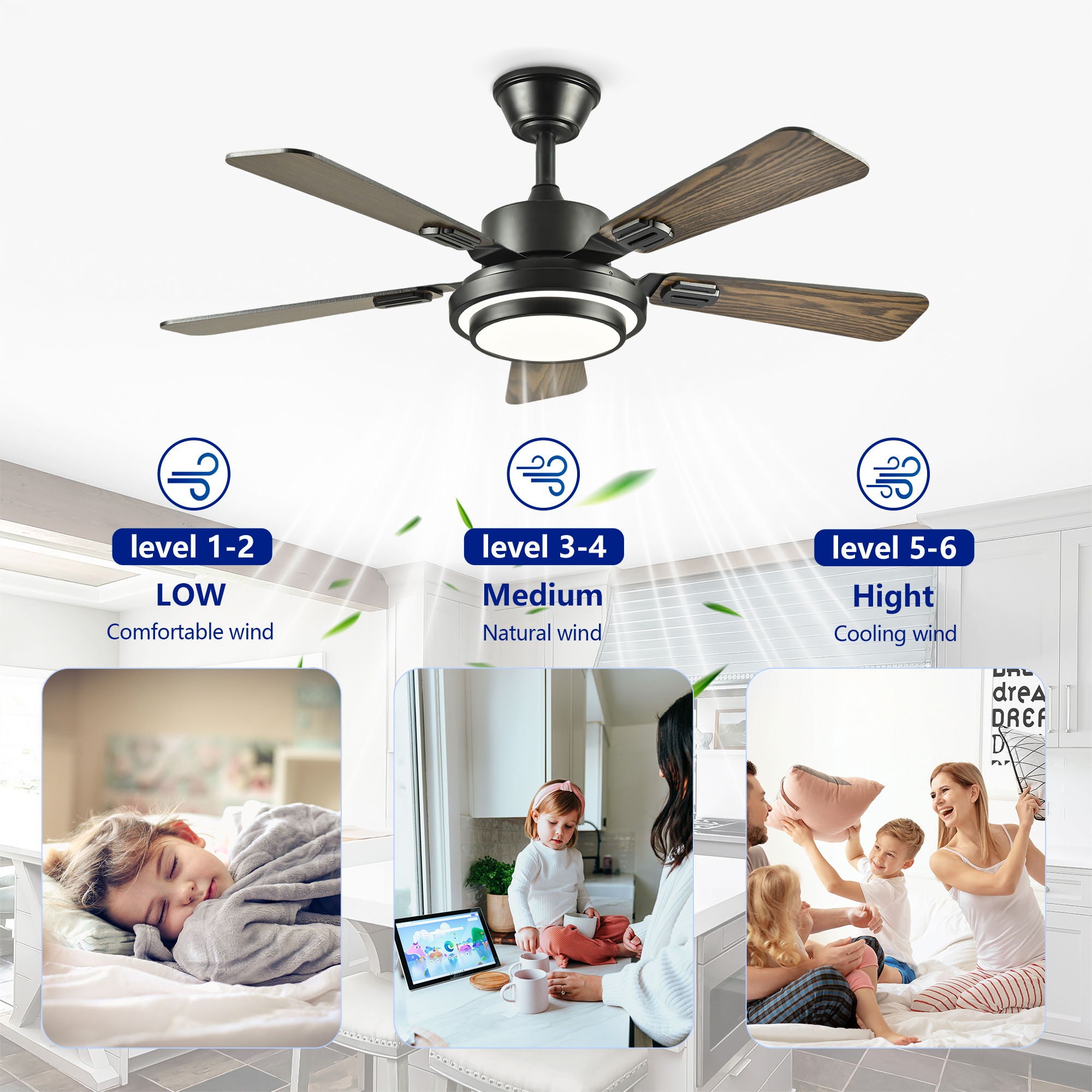 5 Blades Ceiling Fan With LED Light 3000 - 6500K Dimmable, 6 Speed Levels, Reversible Ceiling Fan - Matte Black