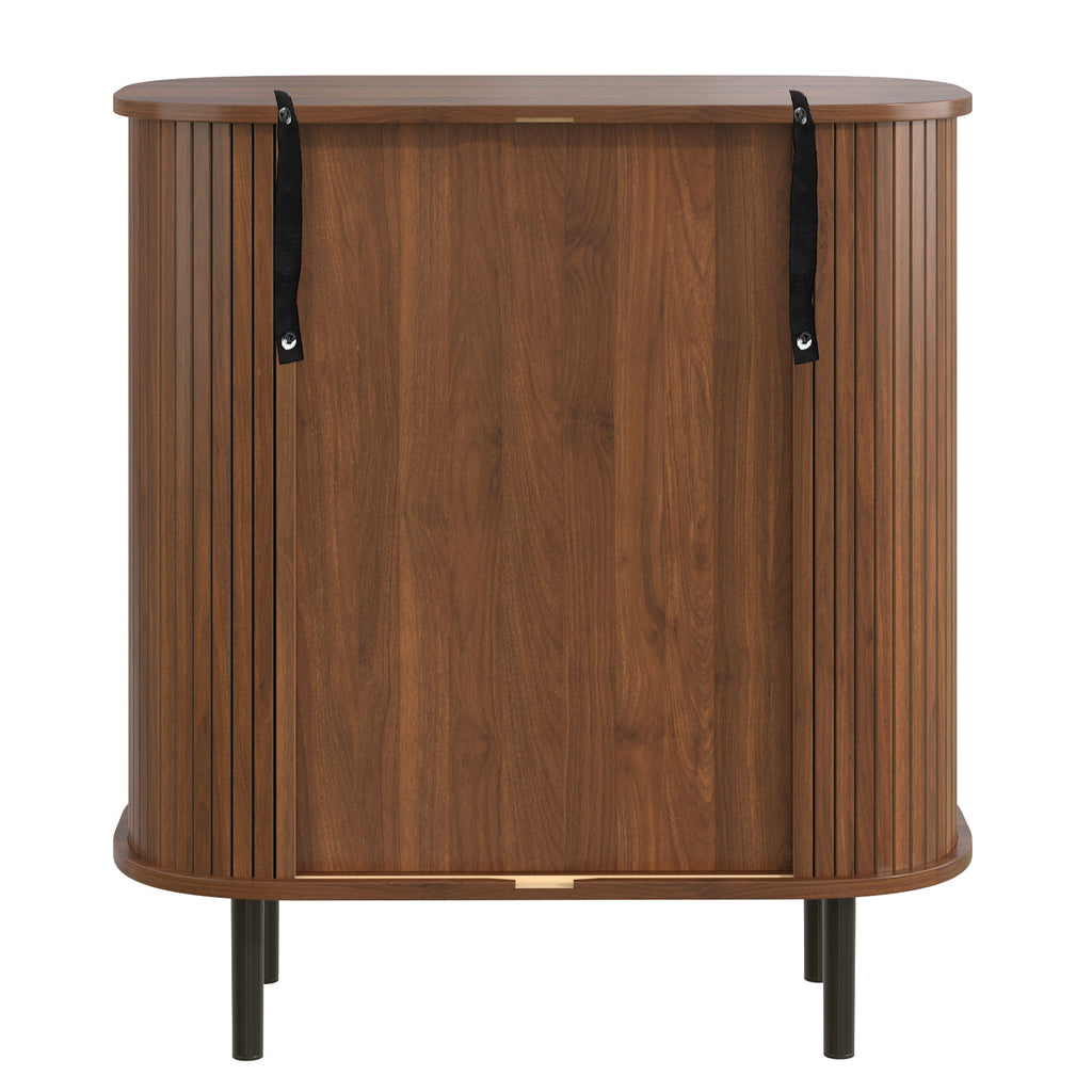Fluted Wine Bar Cabinet With 8 Grid Wine Rack, 5 Level Adjustable Shelves, 2 Glass Holders