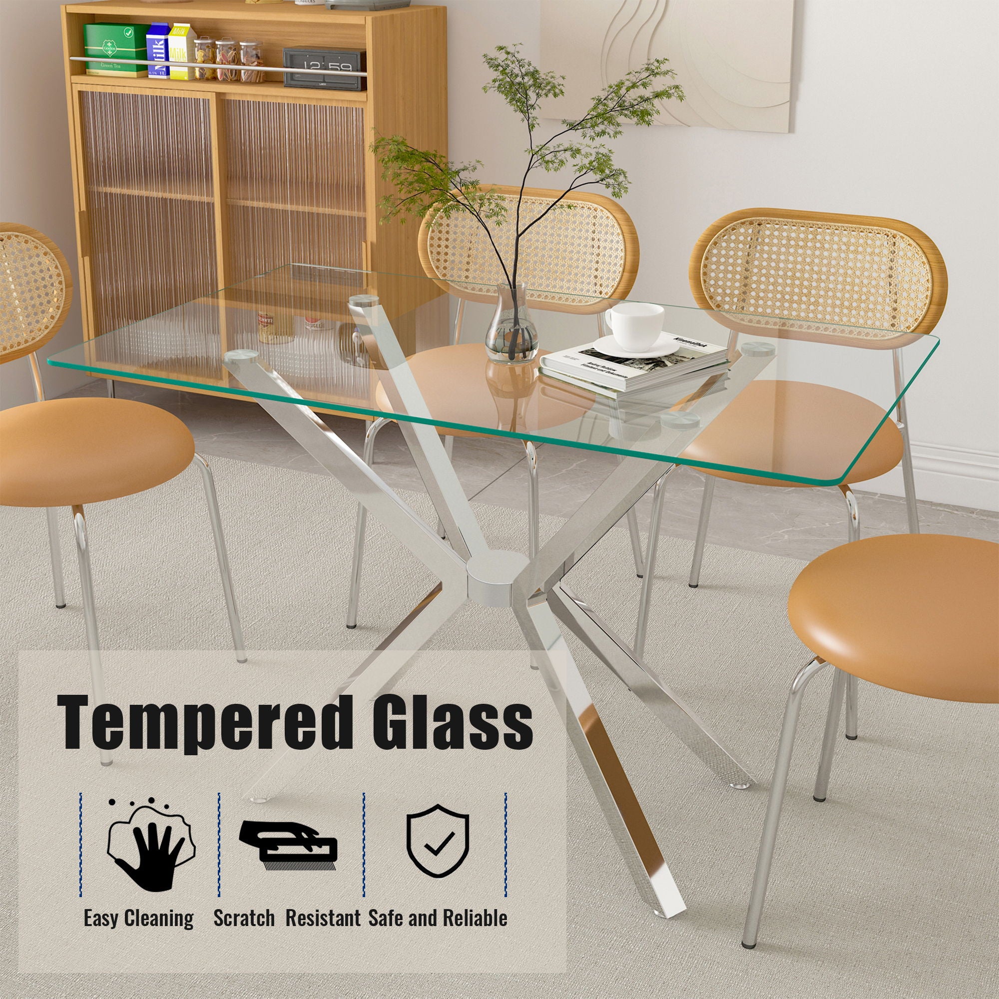 Rectangular Clear Tempered Glass Dining Table, Stylish Design With Plated Metal Legs