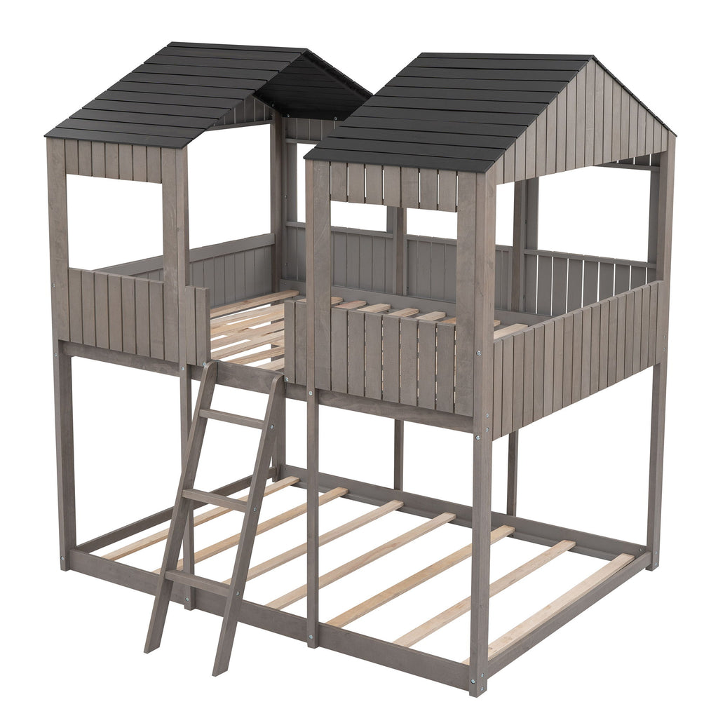 Bunk Bed With Roof, Window, Guardrail, Ladder