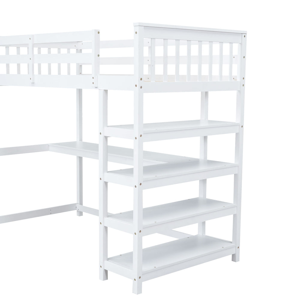 Loft Bed With Storage Shelves And Under Bed Desk