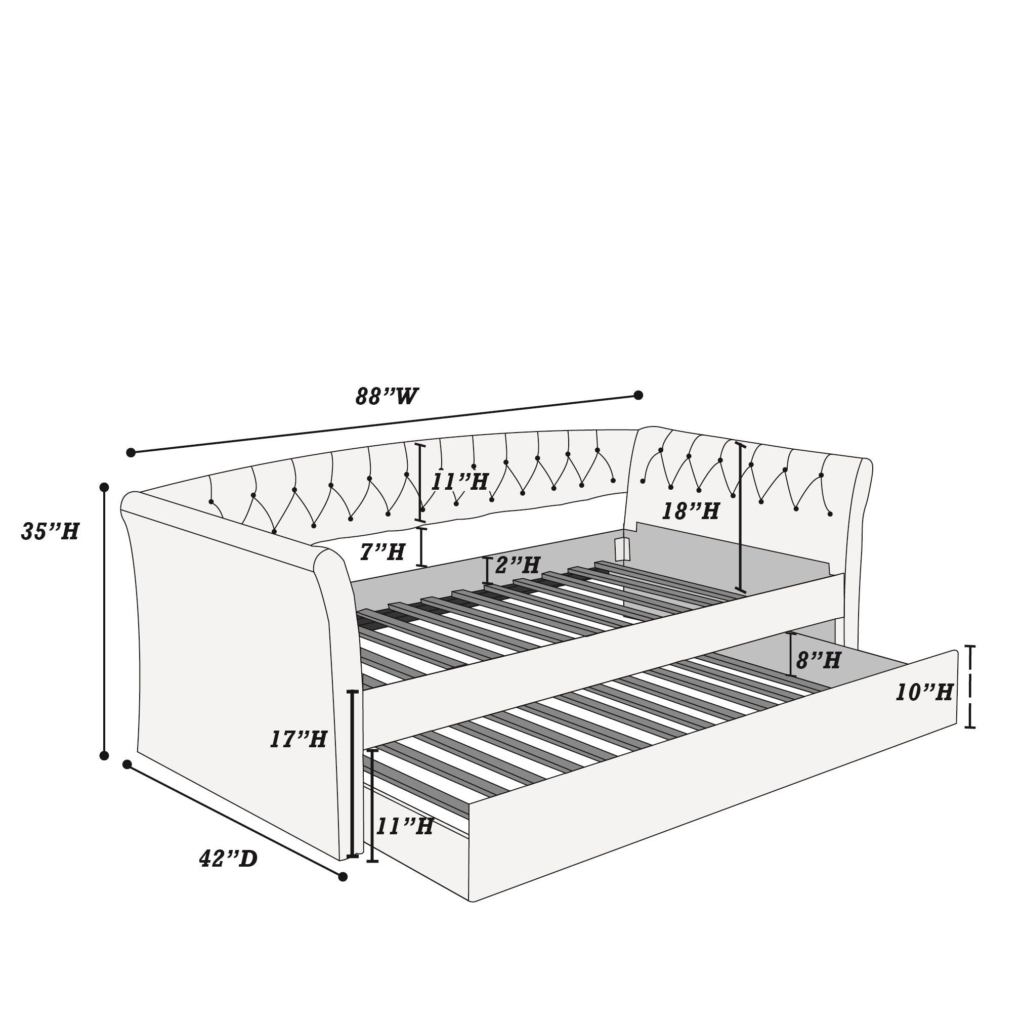 Daybed With Trundle Button Tufted Slat Included - Charcoal
