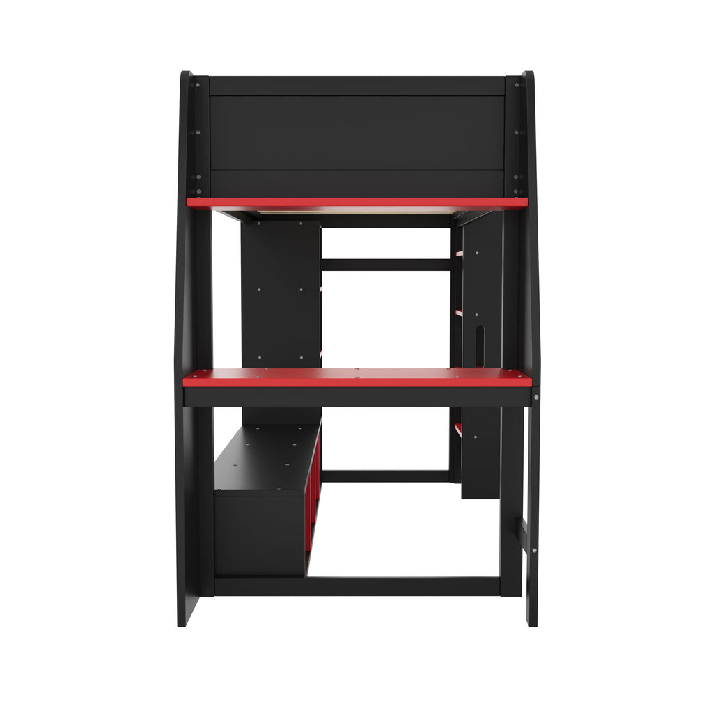 Gaming Loft Bed With Desk, Multi Storage Shelves, LED Lighting, And Hanging Clothes Rack