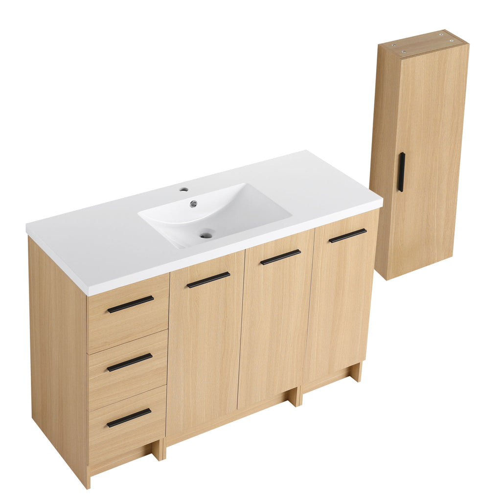 Freestanding Bathroom Vanity Set With Tall Side Cabinet, 3 Drawers And 3 Door Cabinet, Integrated Sink, Large Storage - Glossy White / Light Oak