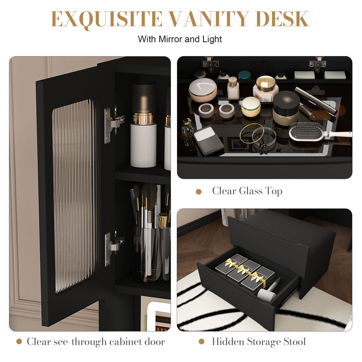 3 In 1 Vanity Table With LED Mirror & Storage Stool For Bedroom