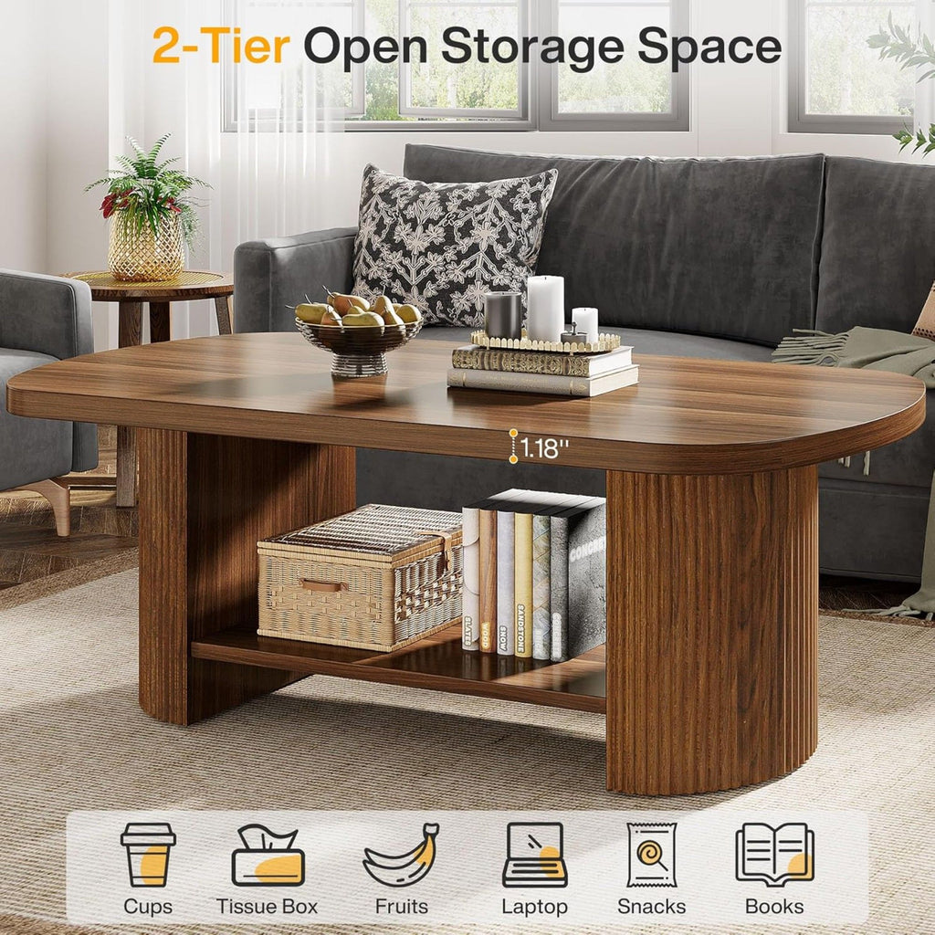 2 Tier Oval Coffee Table With Storage Shelf For Living Room - Rustic Brown