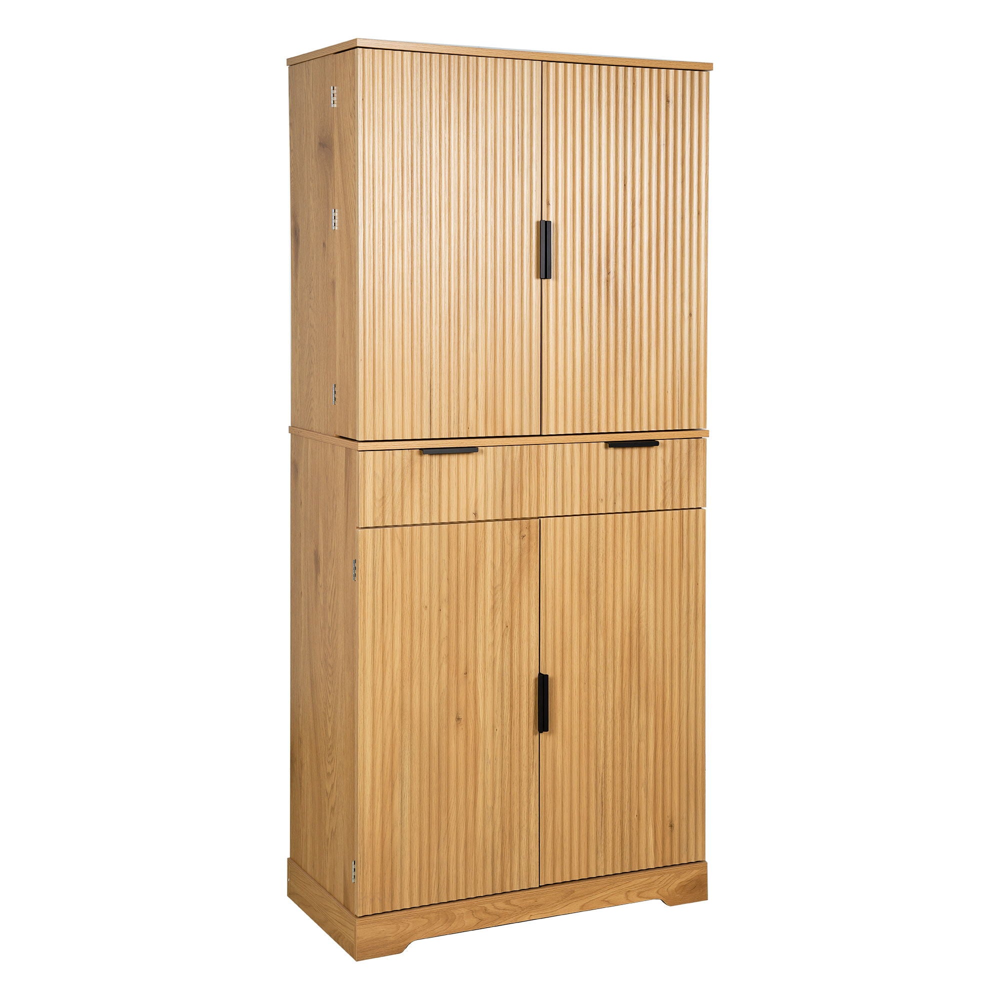 Fluted Kitchen Pantry Cabinet With 3 Keyboard Drawers & 6 Door Shelves Adjustable
