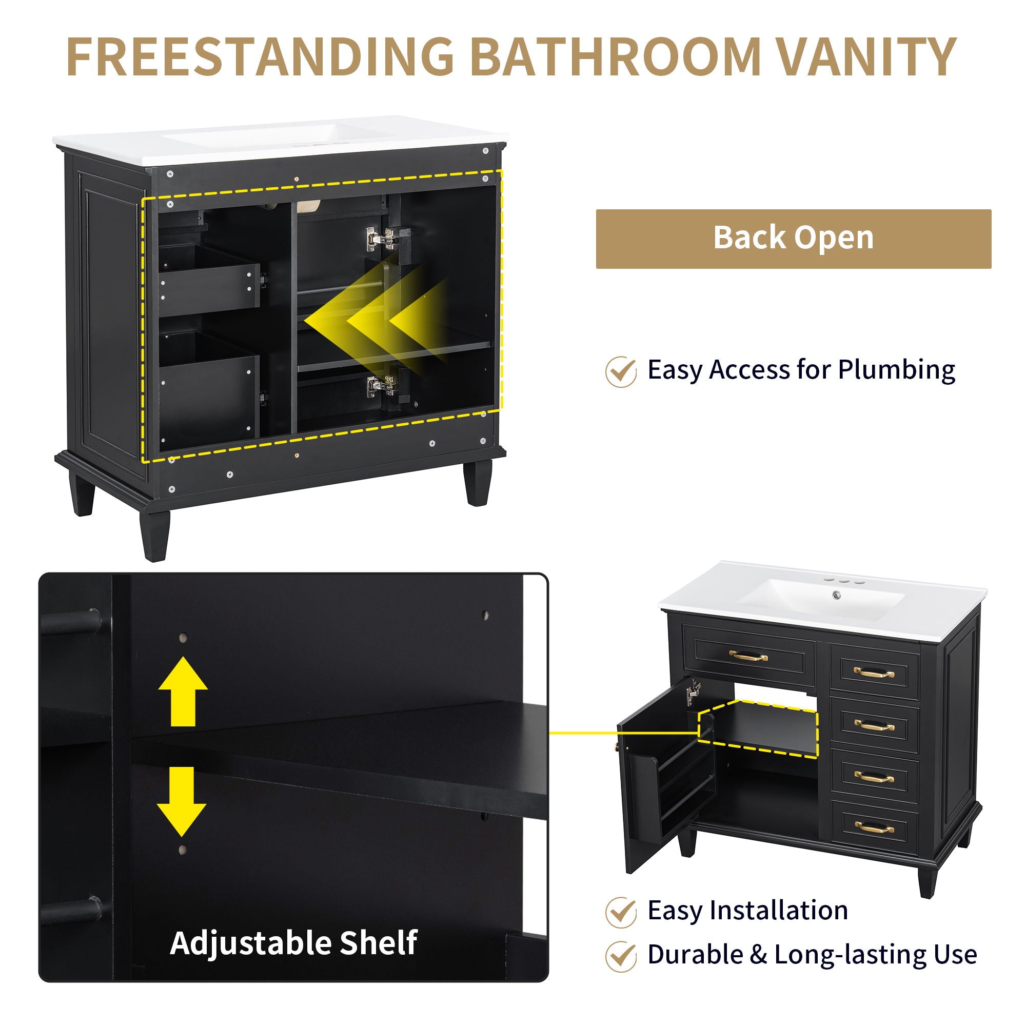 Modern Bathroom Vanity With Sink Top, Flip Drawers, Adjustable Shelf