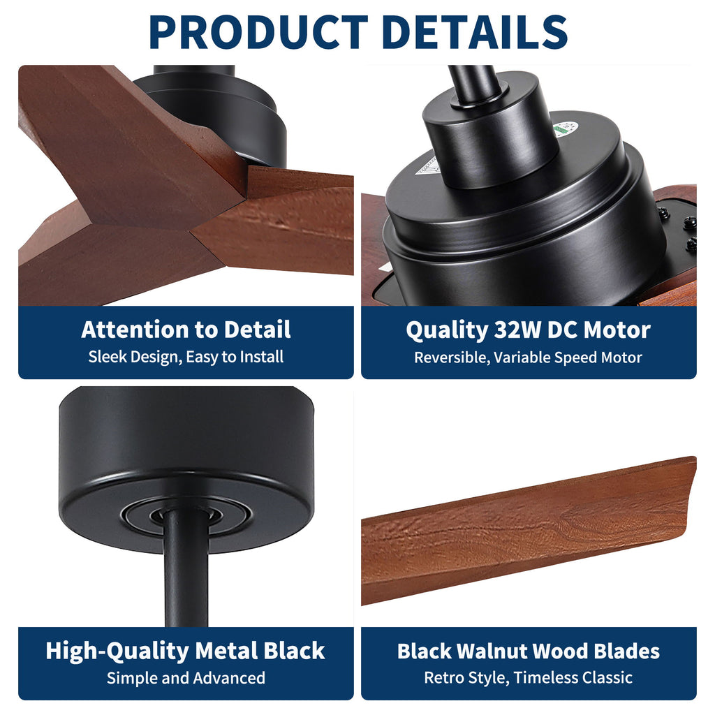 Ceiling Fan Without Light, DC Motor, No Light, Quiet Reversible Ceiling Fan For Living Room - Black