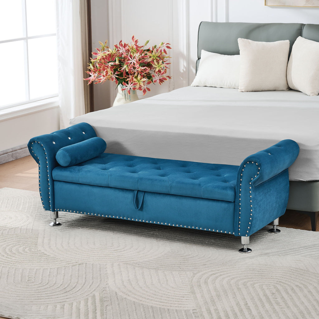 Storage Bench With Crystal Buttons And 1 Pillow For Bedroom