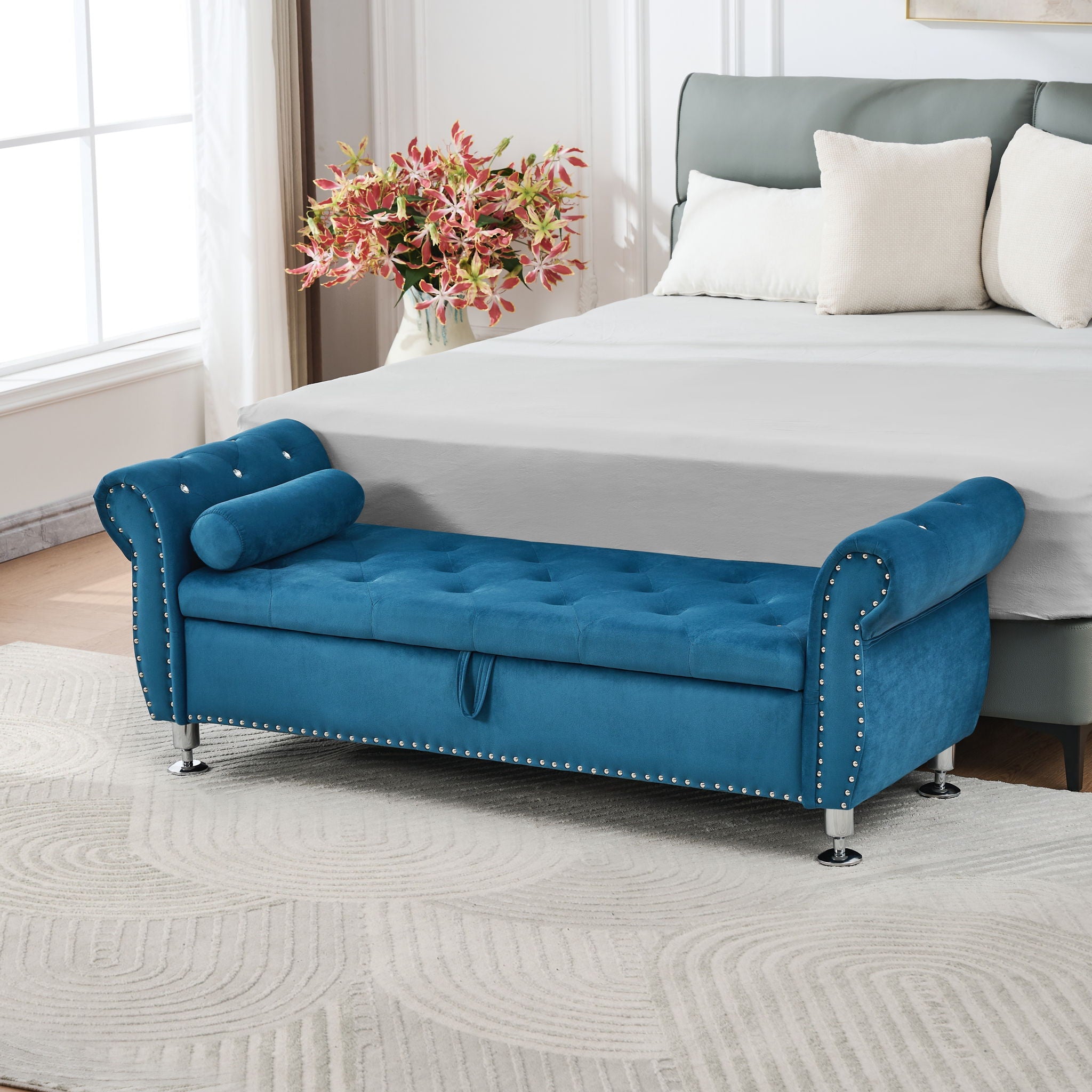 Storage Bench With Crystal Buttons And 1 Pillow For Bedroom