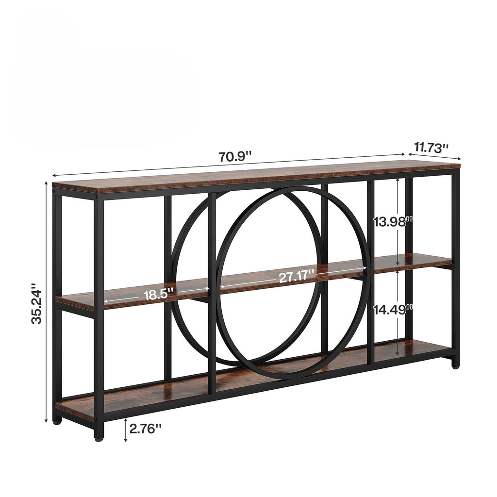 Extra Long Console Table With 3 Tier Open Shelves And Circular Frame - Brown / Black