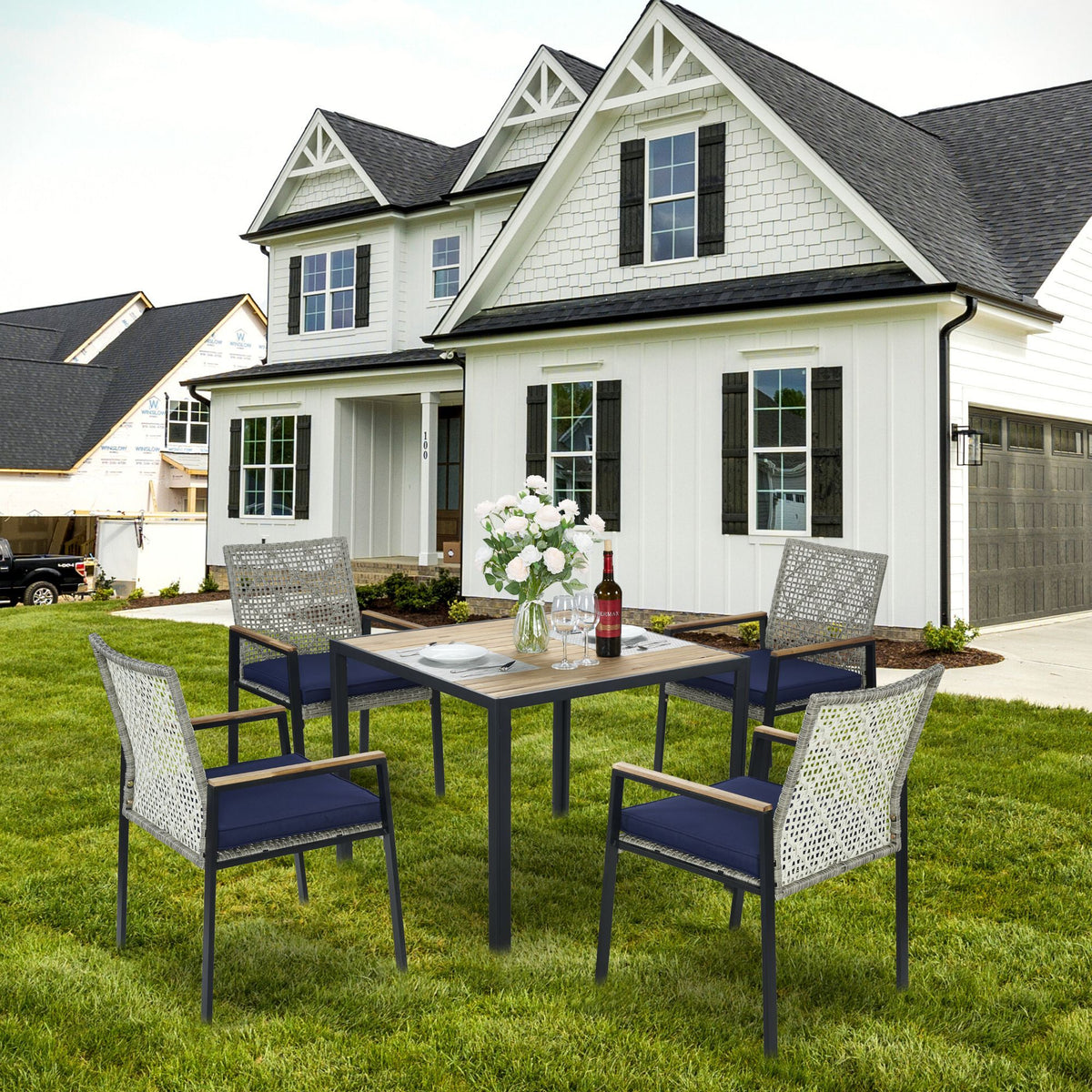 5 Piece Patio Dining Table Set, Acacia Wood Table Top With Umbrella Hole