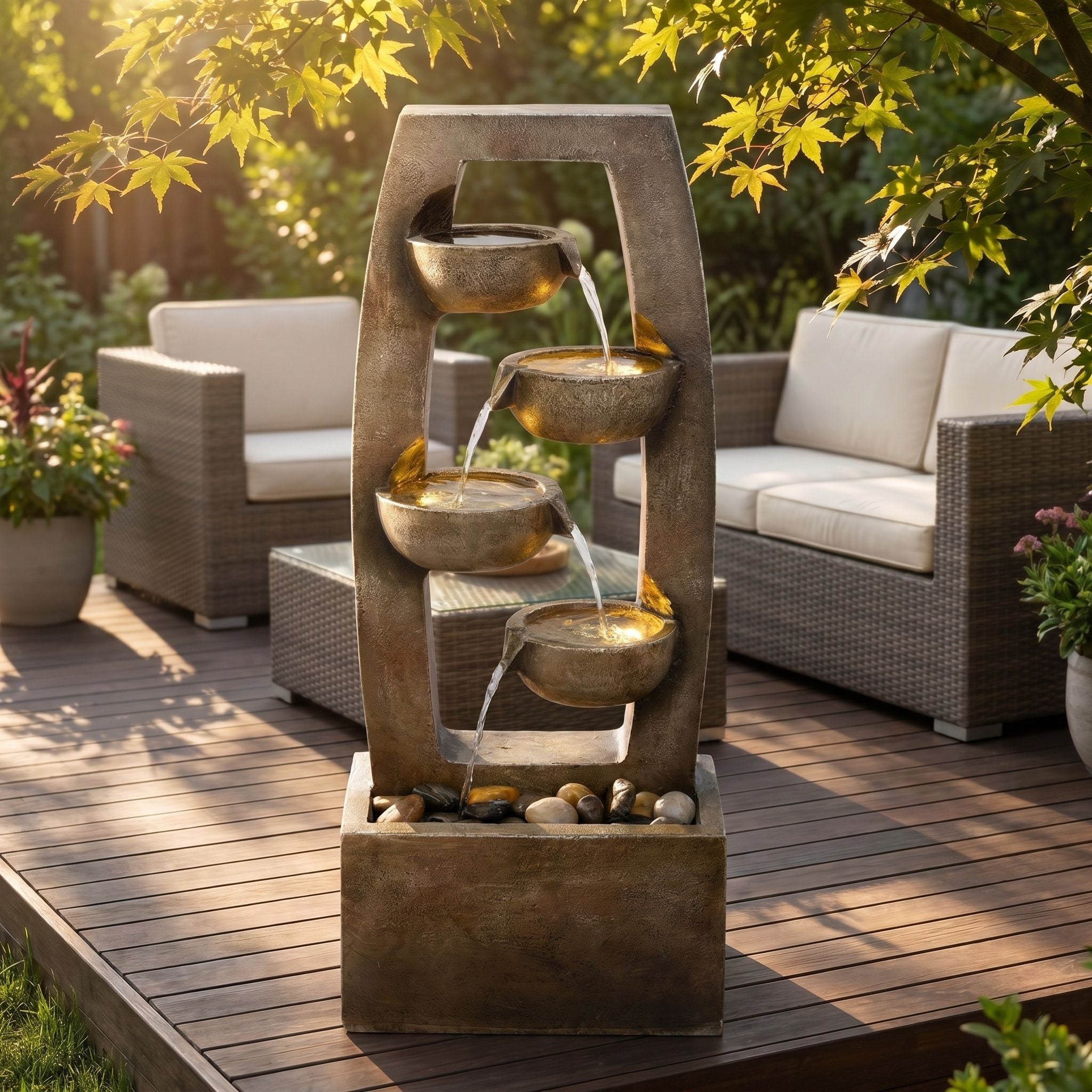 Outdoor Water Fountain With Warm LED Lights, 4 Tier Cascading Bowl For Patio - Brown