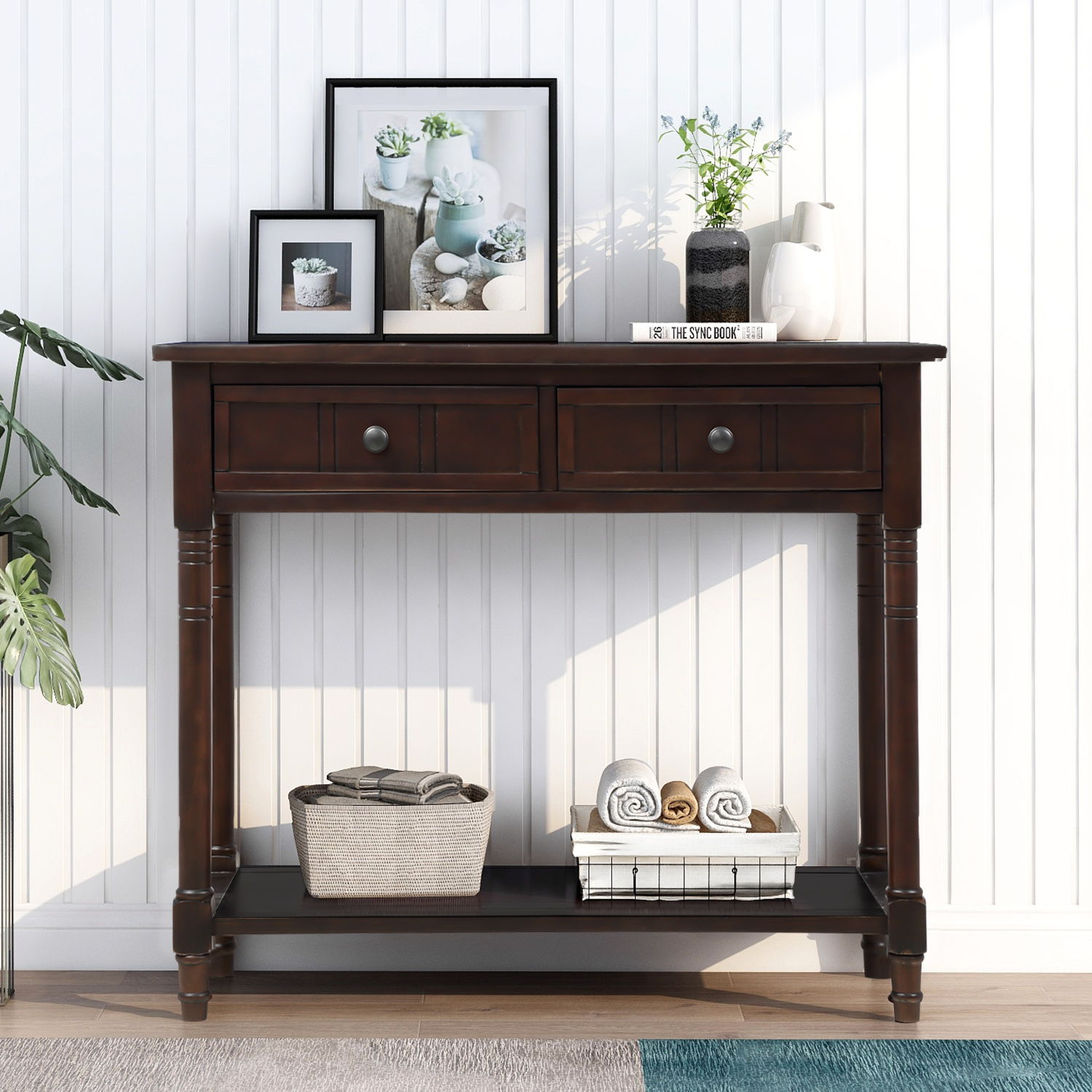 Hearth & Haven Emily Daisy - Console Table With 2 Drawers And Bottom Shelf - Espresso
