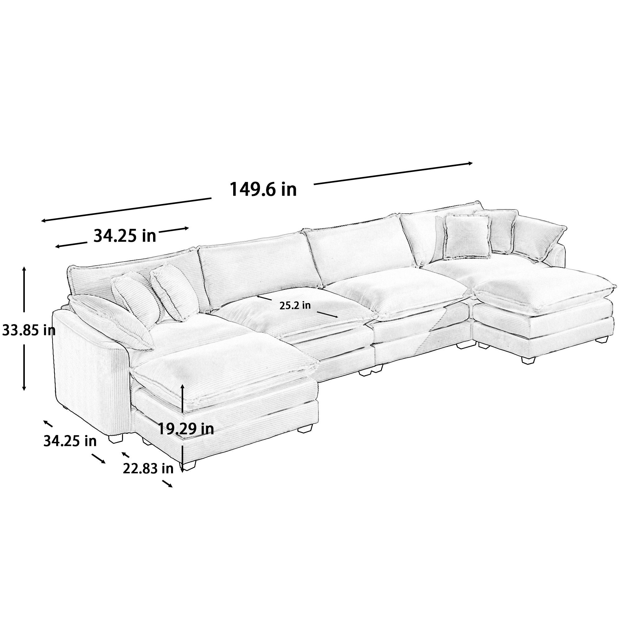 Modern Modular Cushion Sofa With Ottoman, Low Back, Deep Seating Sofa Set