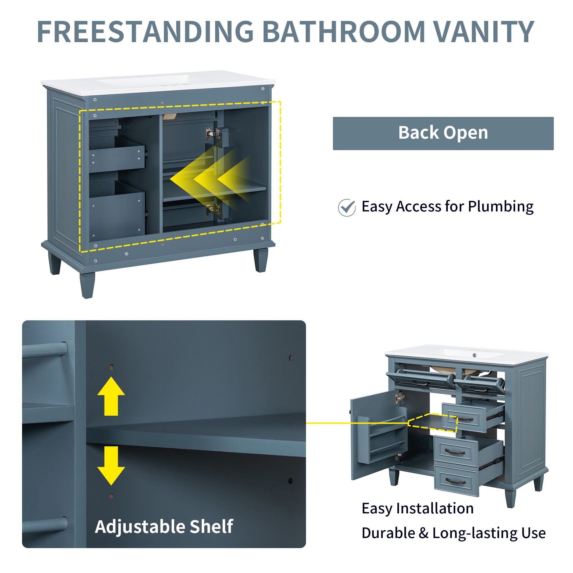 Modern Bathroom Vanity With Sink Top, Flip Drawers, Adjustable Shelf