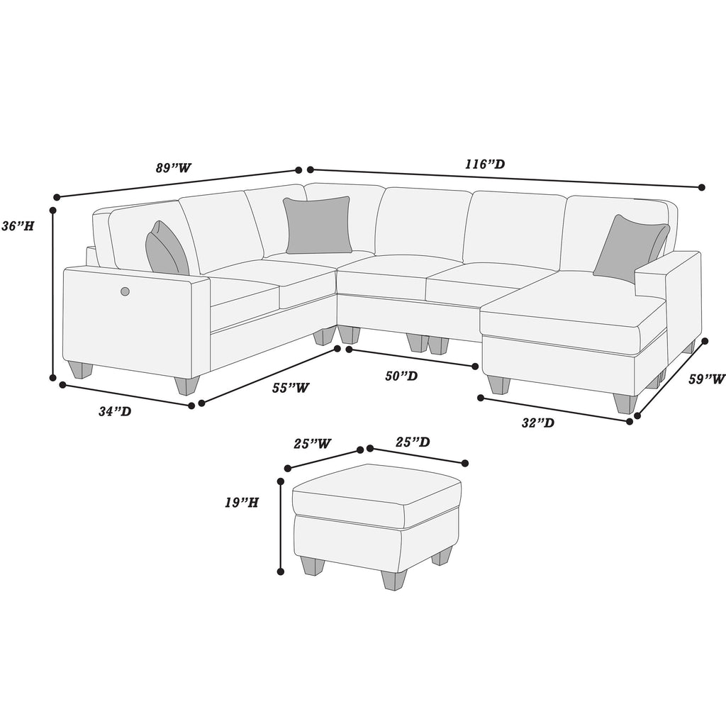 5 Piece Sectional Set With USB Port Left Arm Loveseat Chaise Right Arm Loveseat Corner Wedge Armless Chair Ottoman Upholstered - Black / Slate
