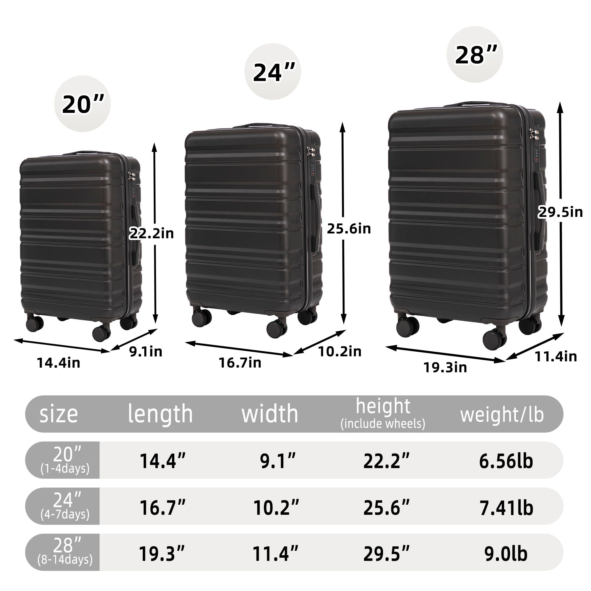 Tourist 3 Piece Luggage Set, Combination Lock, Durable Hard Shell With 360° Silent Wheels