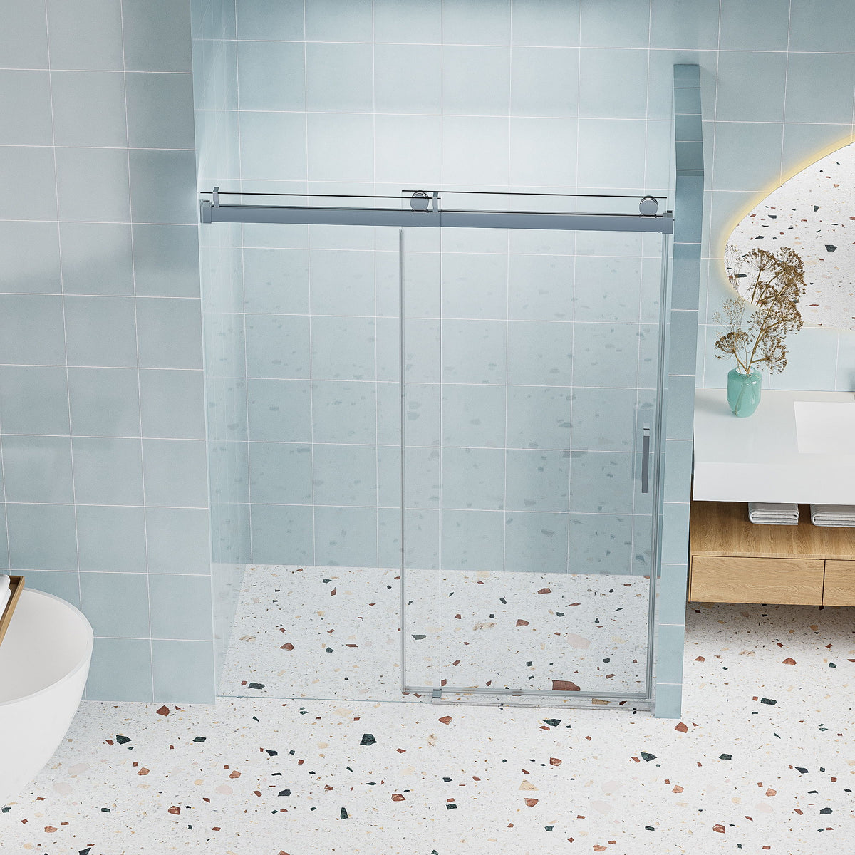 Frameless Soft Closing Shower Door, 1 / 4" (6Mm) Tempered Glass Single Sliding With Explosion Proof Coating - Chrome