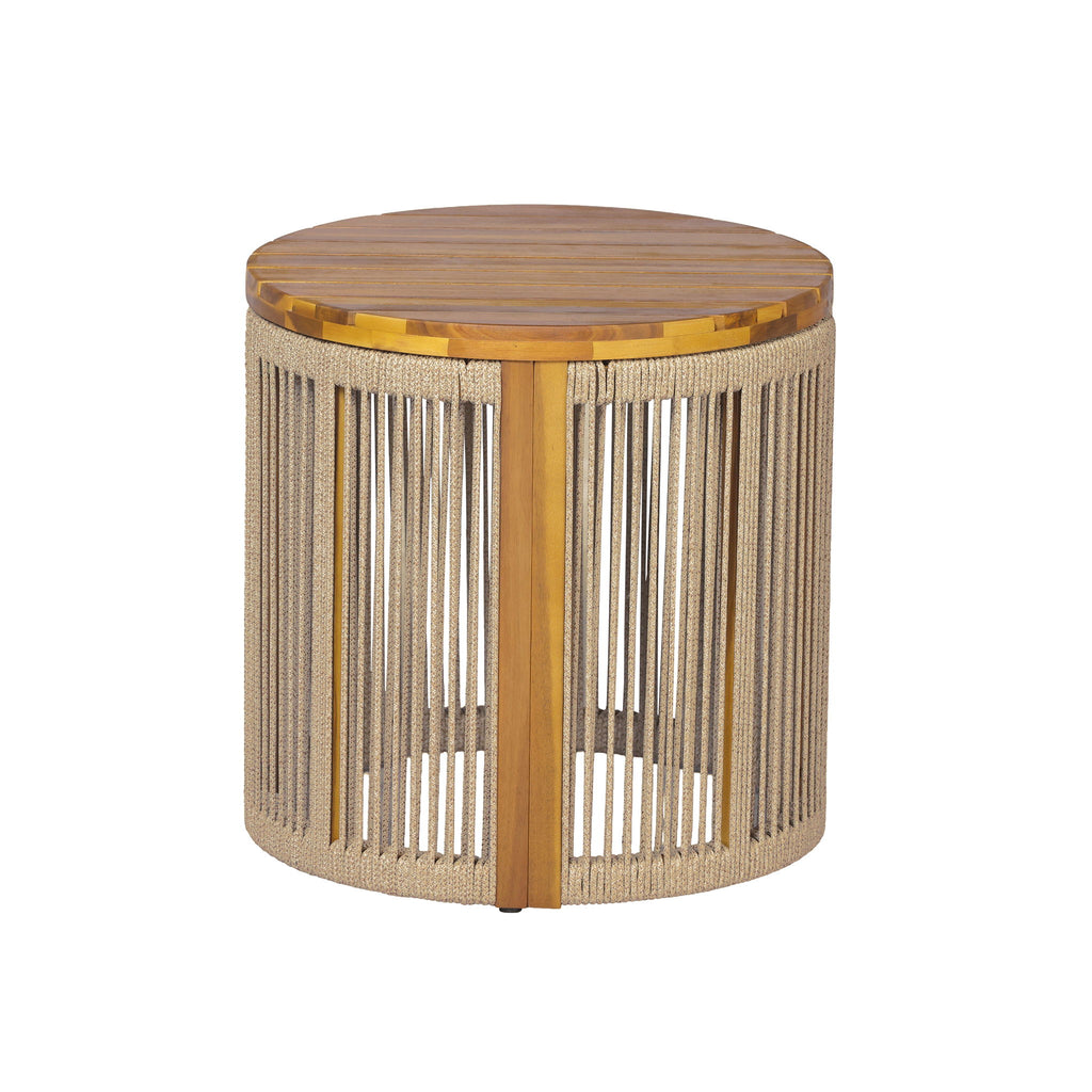 Round Side Table With Rope Detail For Patio - Brown / Teak