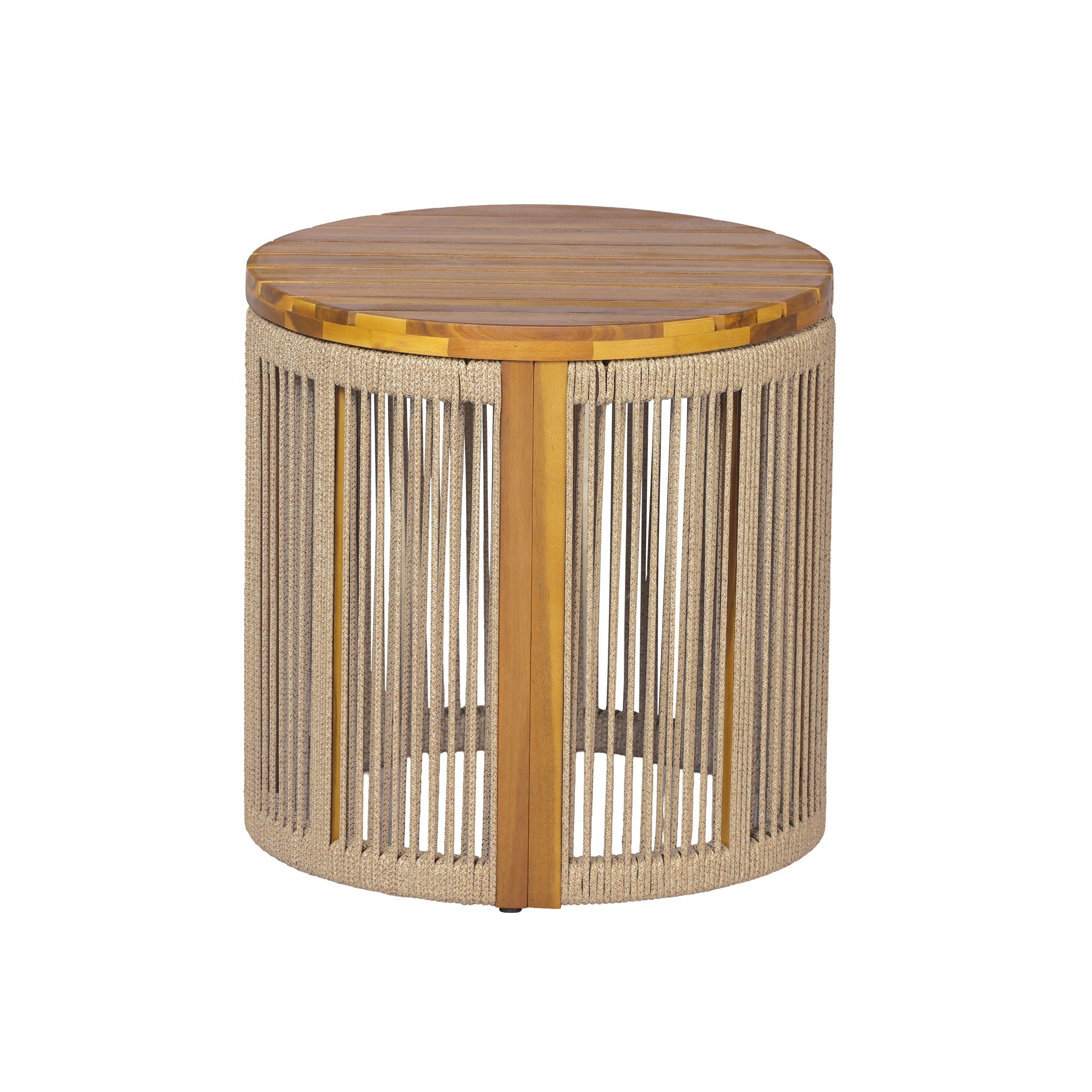 Round Side Table With Rope Detail For Patio - Brown / Teak