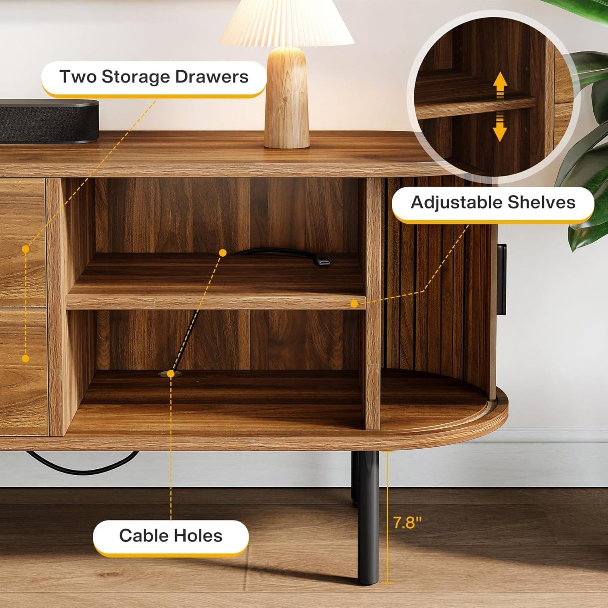 Fluted TV Stand With Tambour Sliding Doors - Walnut