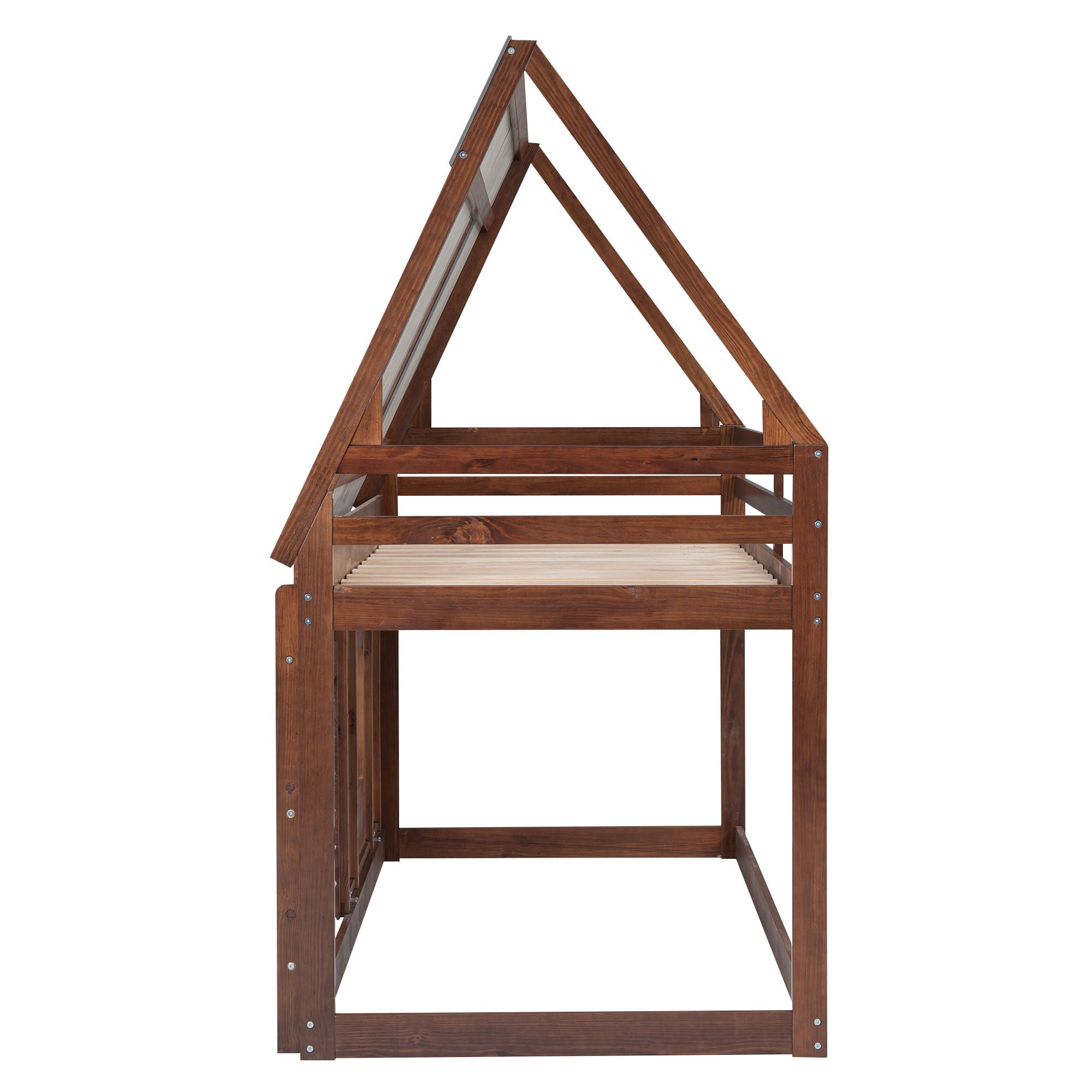 Twin Size House Bunk Bed With Roof, Ladder And 2 Windows - Brown & Smoky Gray