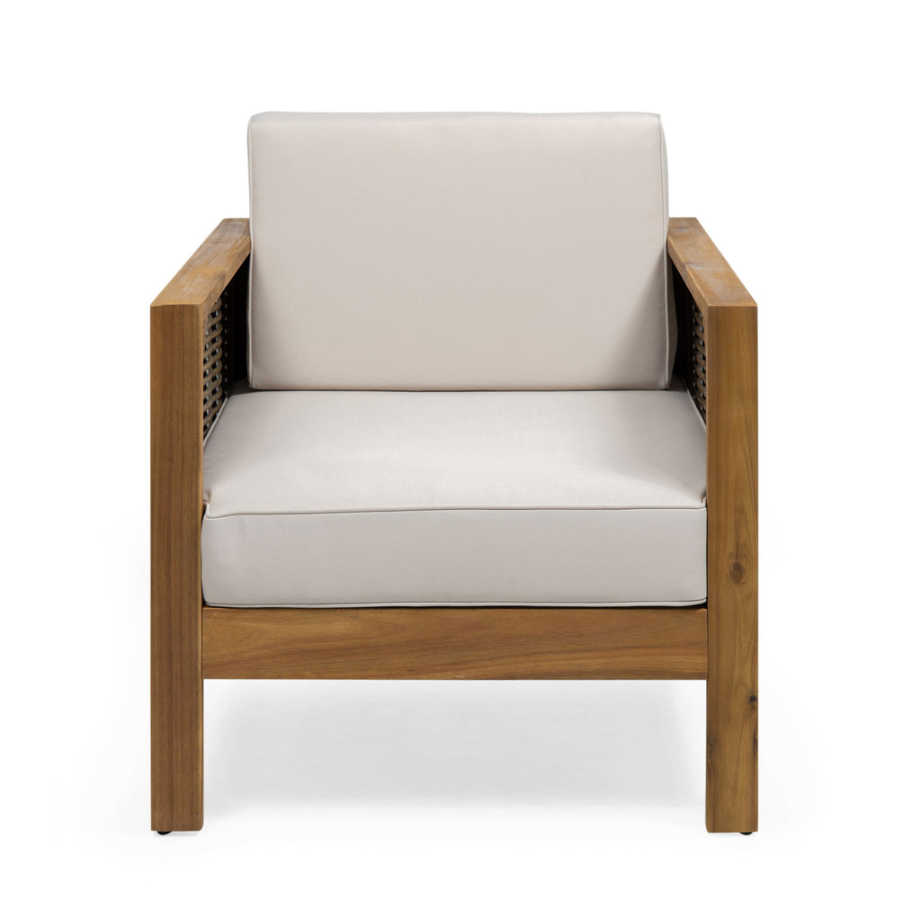 Outdoor 4 Seater Acacia Wood Chat Set With Wicker Accents And Cushions - Teak / Mixed Brown / Beige