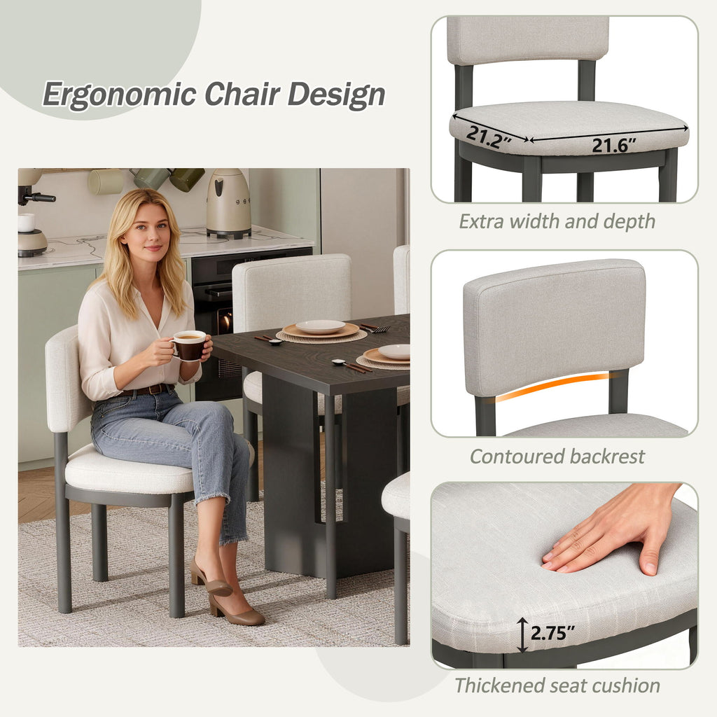 Dining Table Set With 6 Upholstered Chairs, Rectangular Table With Cutout Legs