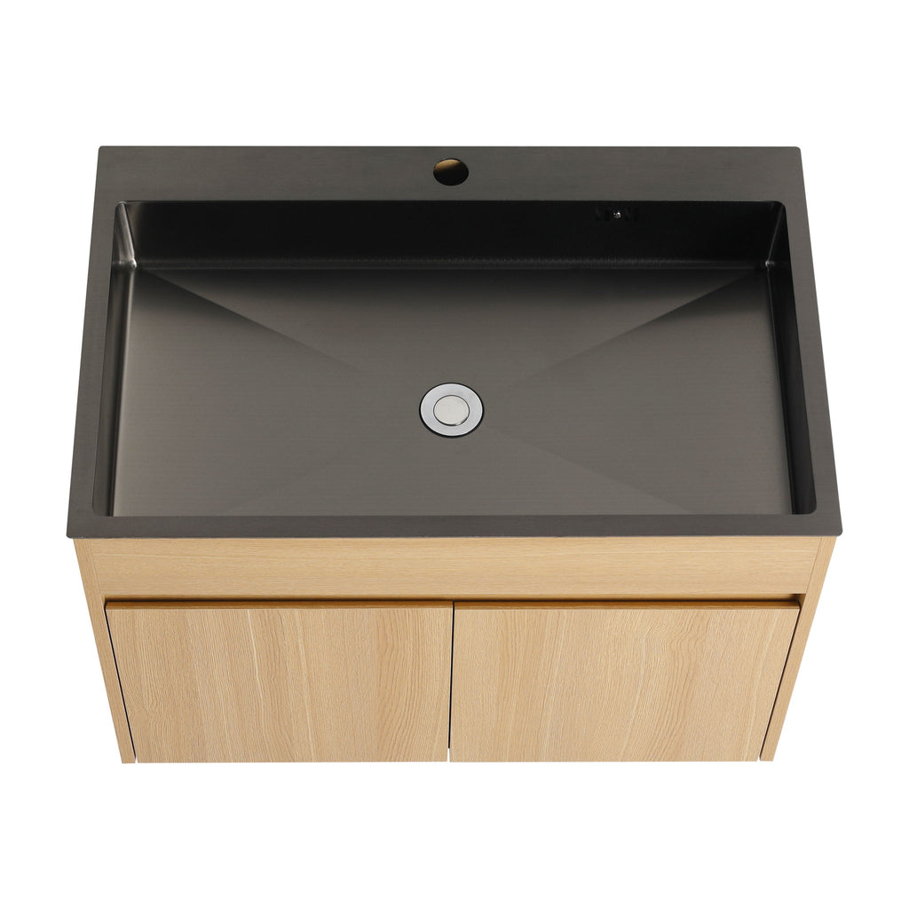 28" Wall Mounted Bathroom Vanity With Stainless Steel Sink, Soft Close Doors - Oak