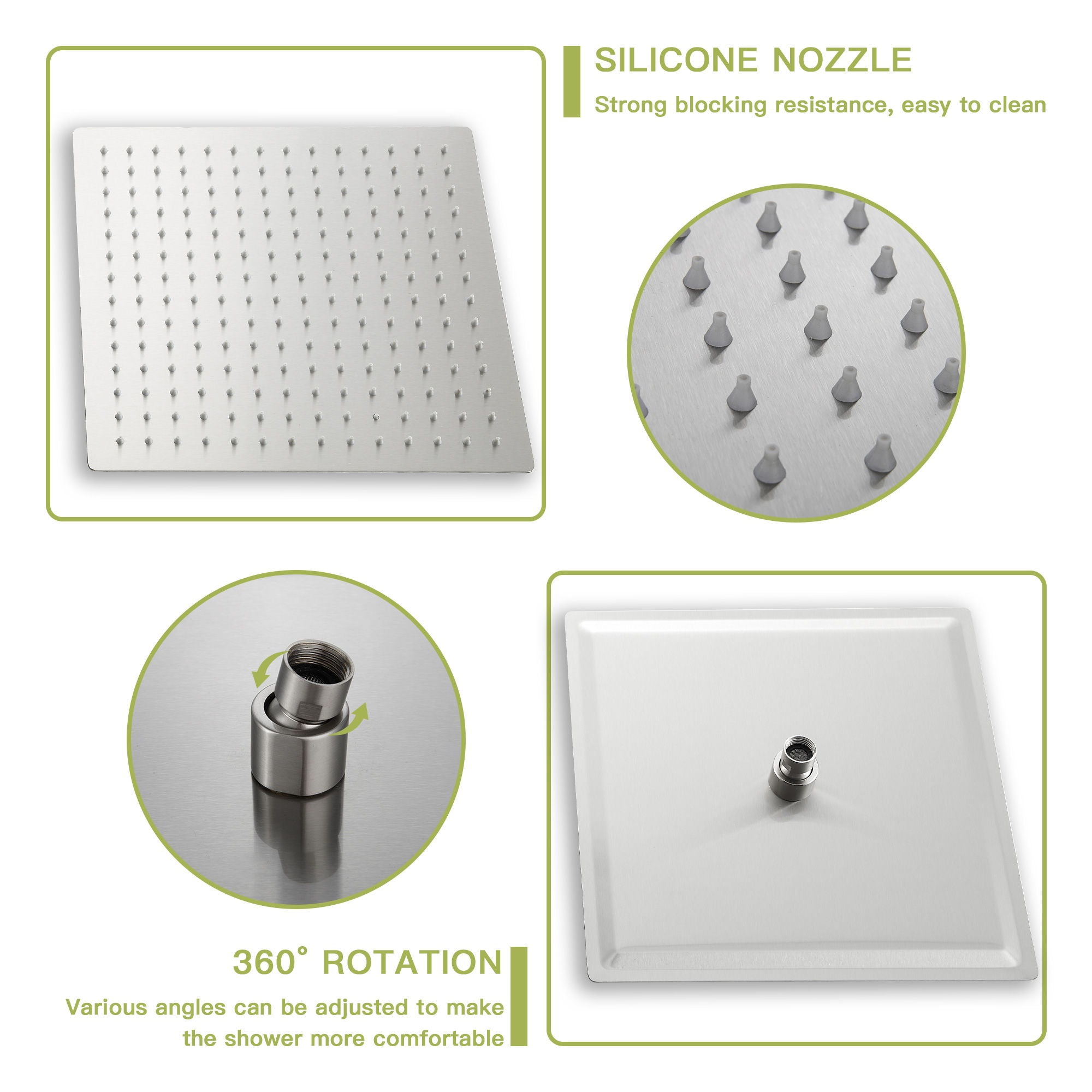 16" Square Rainfall Shower Head Fixed Wall Mount With Full Body Coverage & Self Cleaning Silicone Nozzles