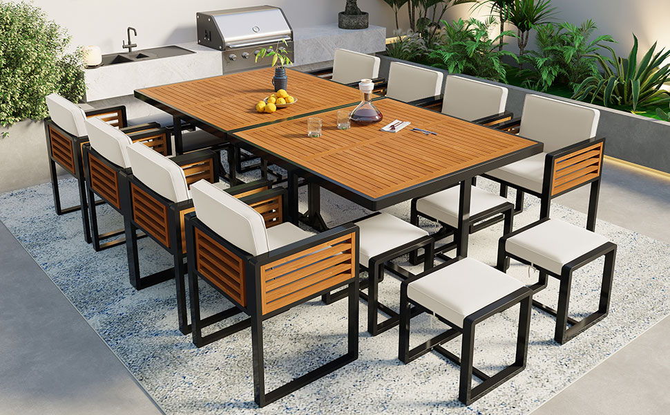 Acacia Wood Patio Dining Set, Cushioned Chairs & Ottomans Square Table