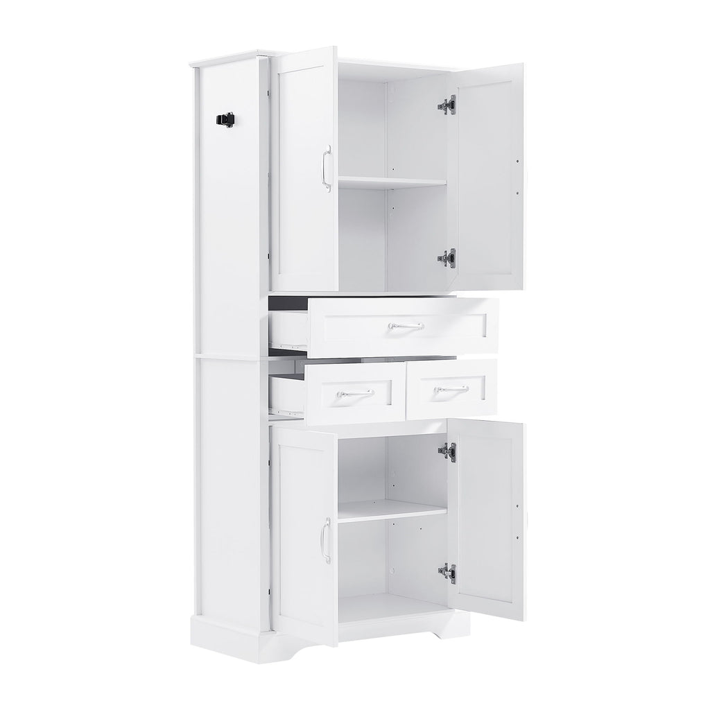 Tall Bathroom Storage Cabinet With 4 Doors 3 Drawers Adjustable Shelves - White