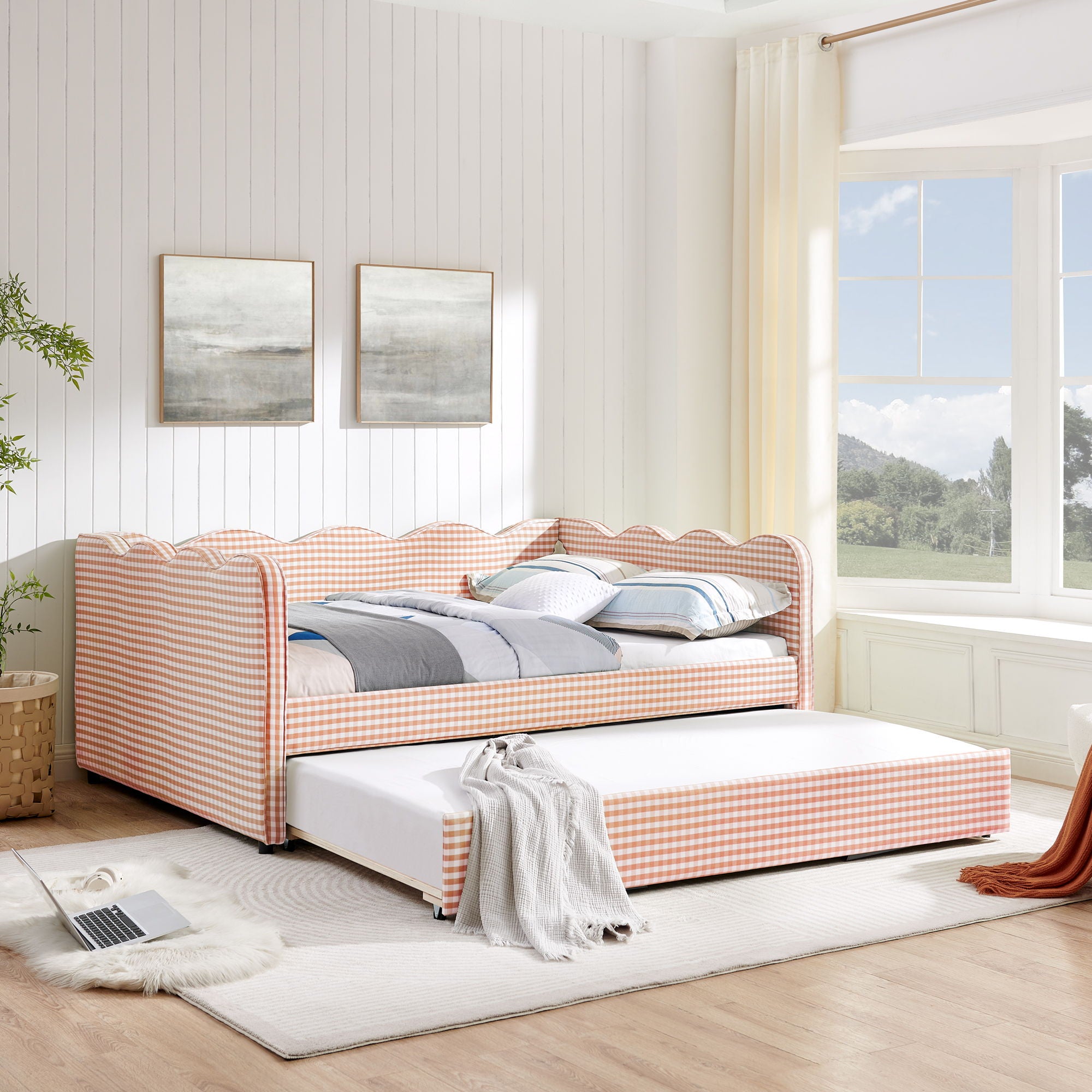 Gingham Daybed With USB Charging Port, Wave-Shaped Design