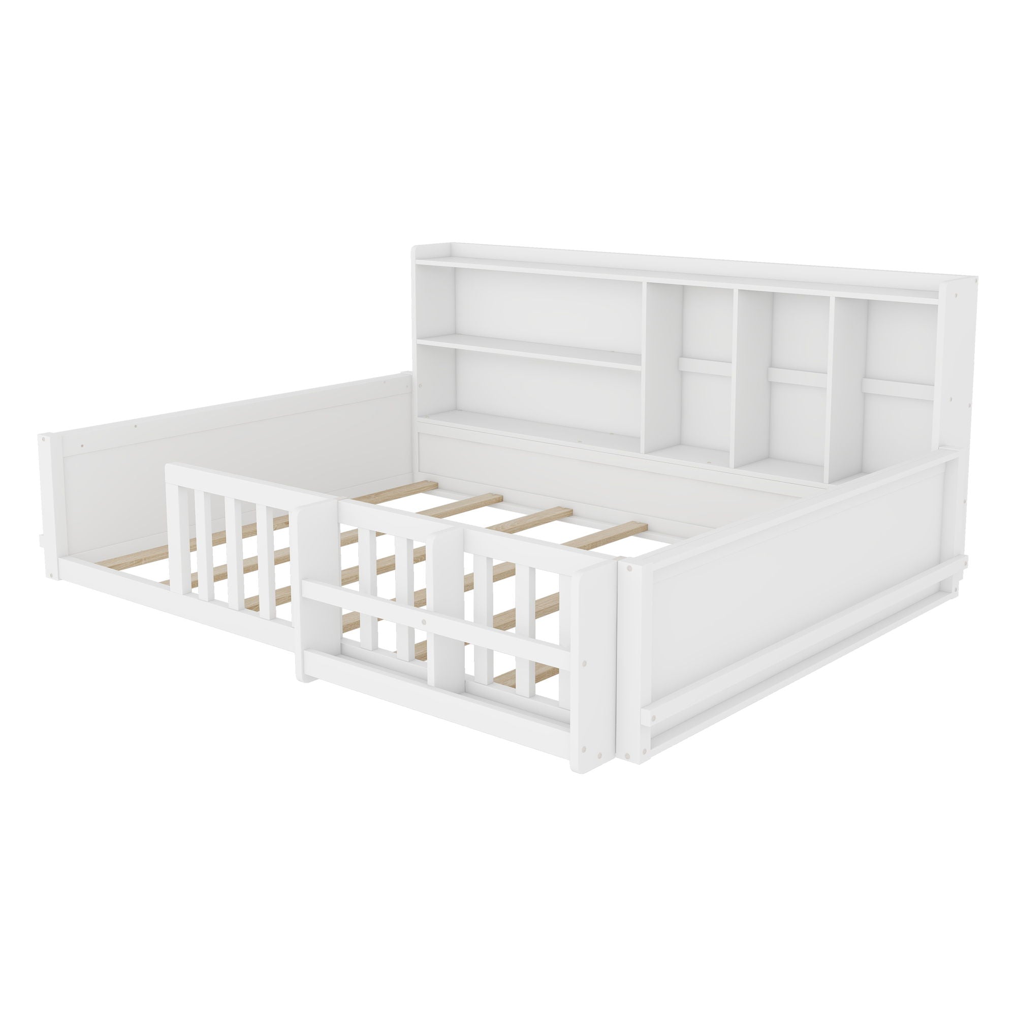 Platform Bed Frame With Guardrail, Storage Shelves & Bookshelf