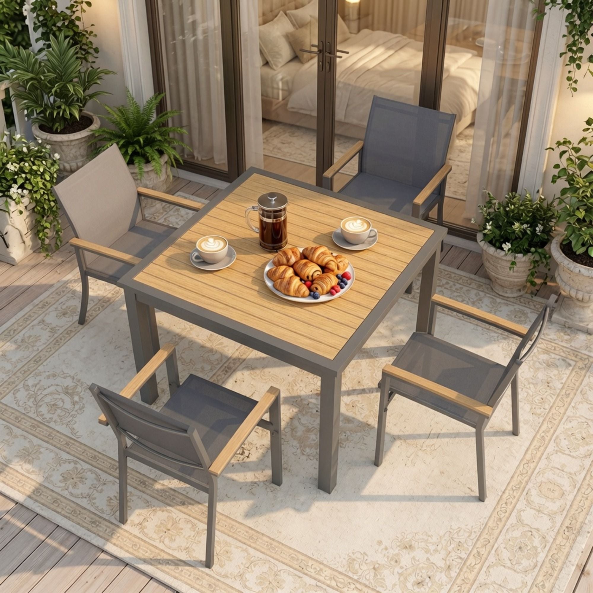 Gray Aluminum Patio Dining Set With Textilene Chairs, 5 Piece All Weather Outdoor Table And Chair Set For Patio, Porch, Garden