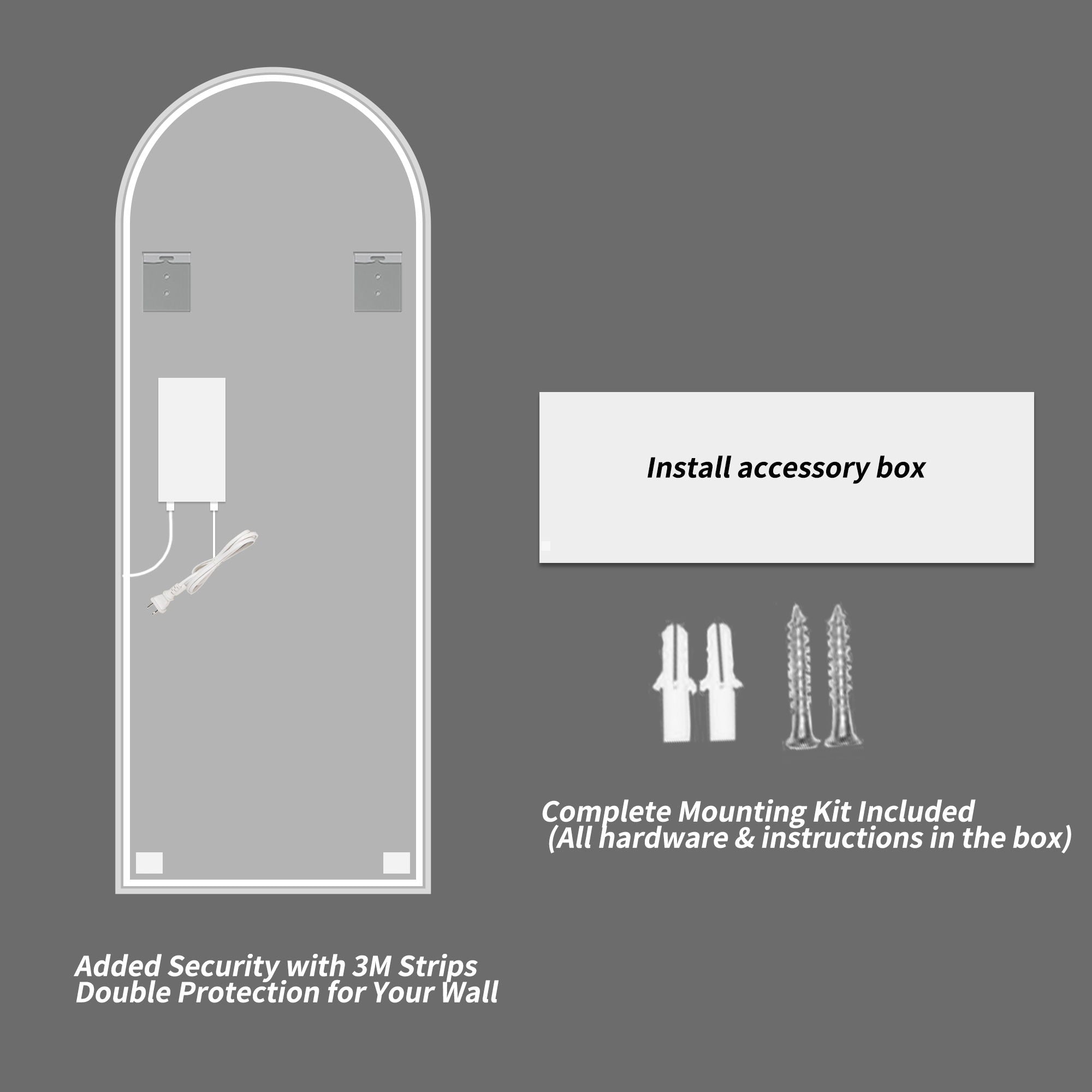 LED Full Length Wall Mirror With Symmetrical Arch Design, Dimmable 3 Color Temperature Lighting - Silver