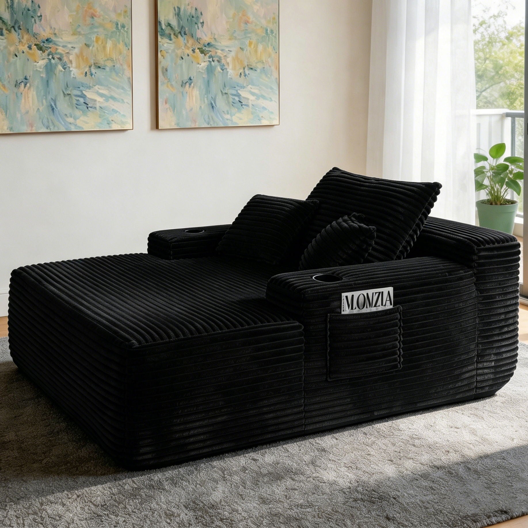 Convertible Chaise Lounge Chair & Wide Armrest & Throw Pillows - Black