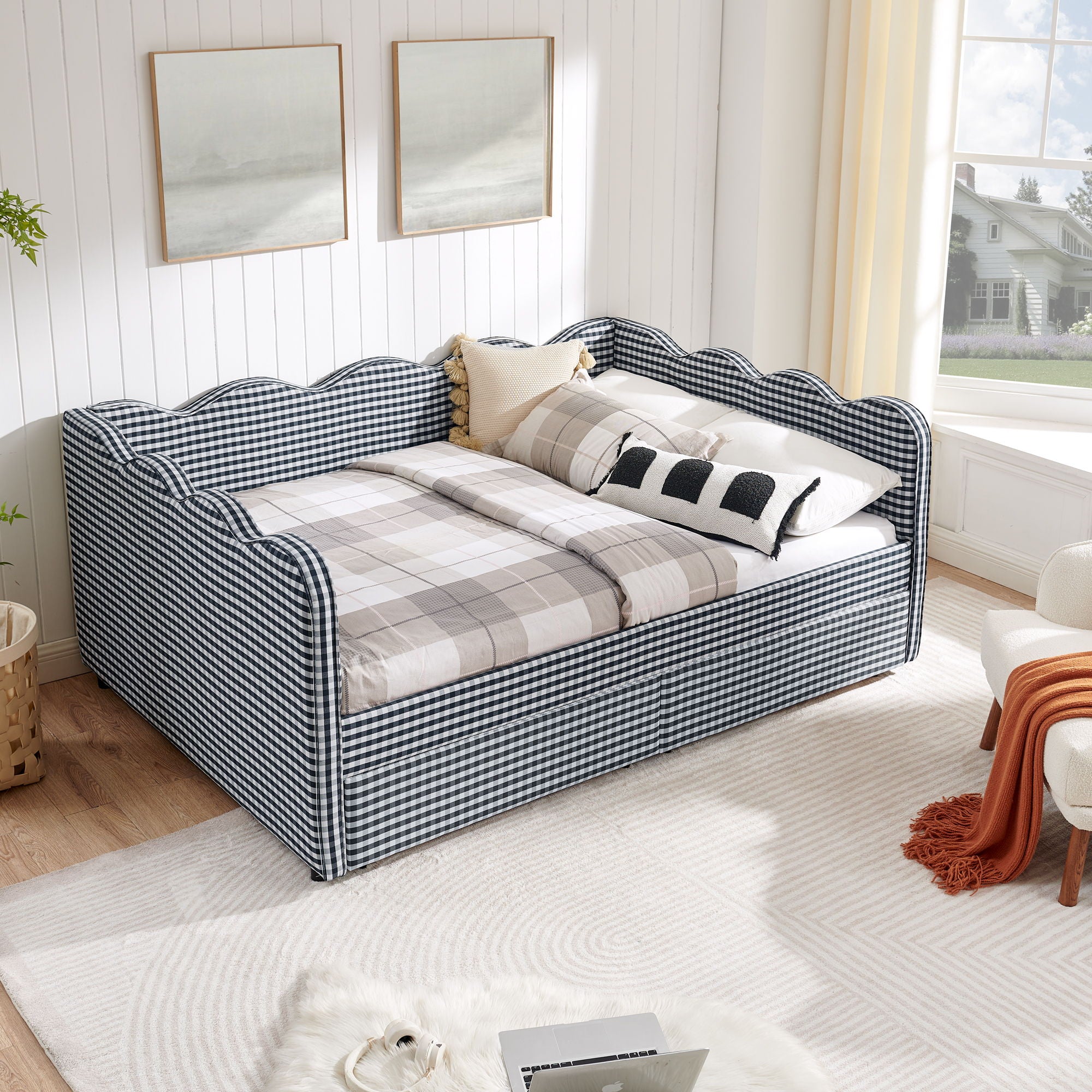 Gingham Daybed & USB Charging Port, Wave-Shaped Design