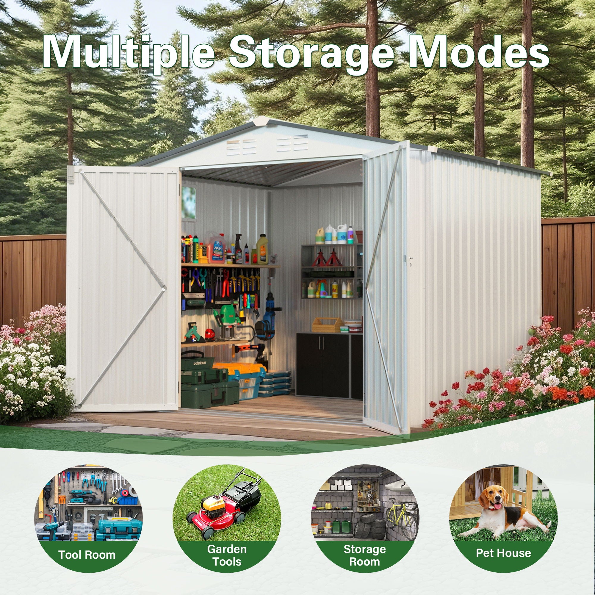 Outdoor Garden Storage Shed, Tool Shed With Pitched Roof Waterproof With 1 Window And 2 Lockable Door - White / Gray