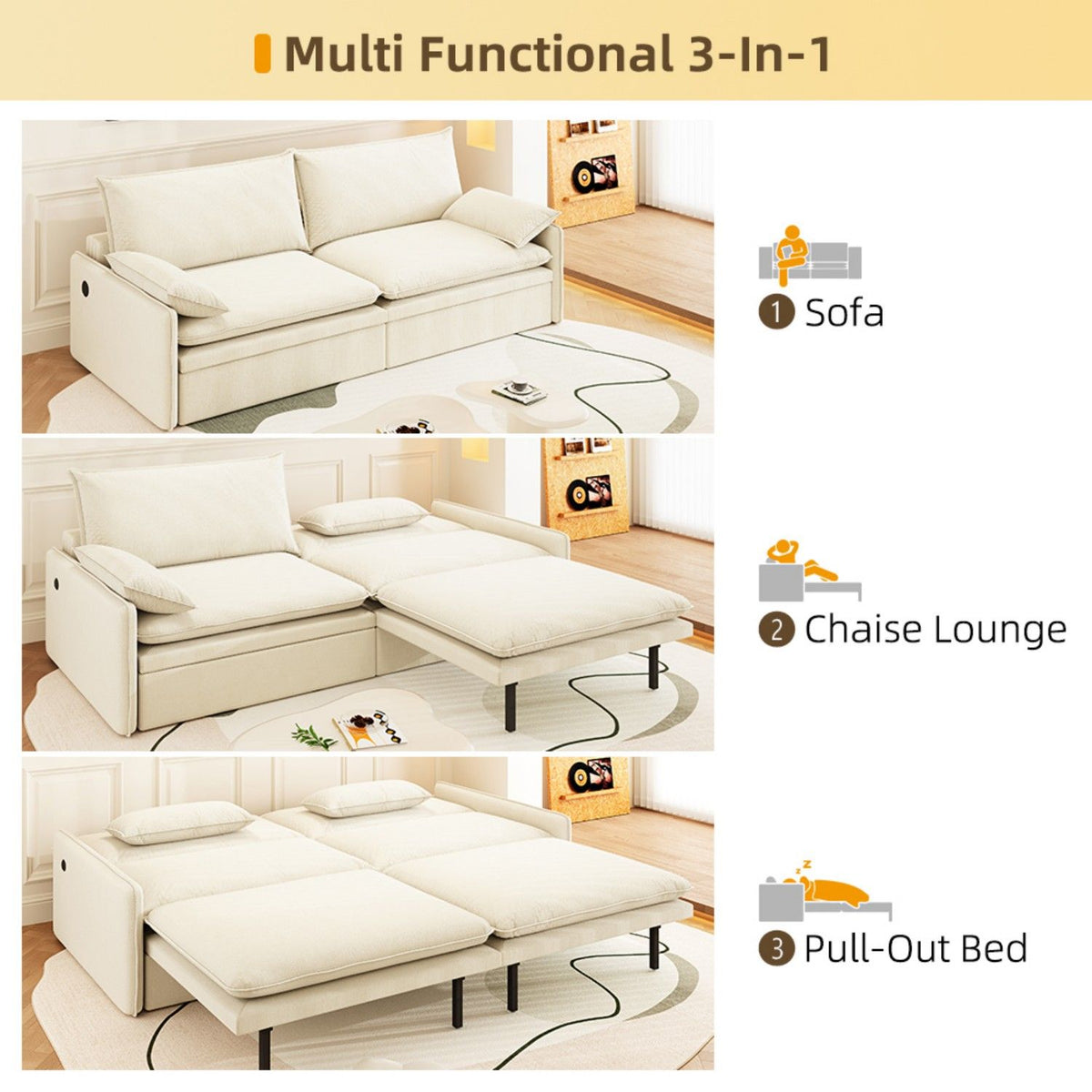 4 Seat Convertible Sleeper Sofa Bed, Modern With Storage