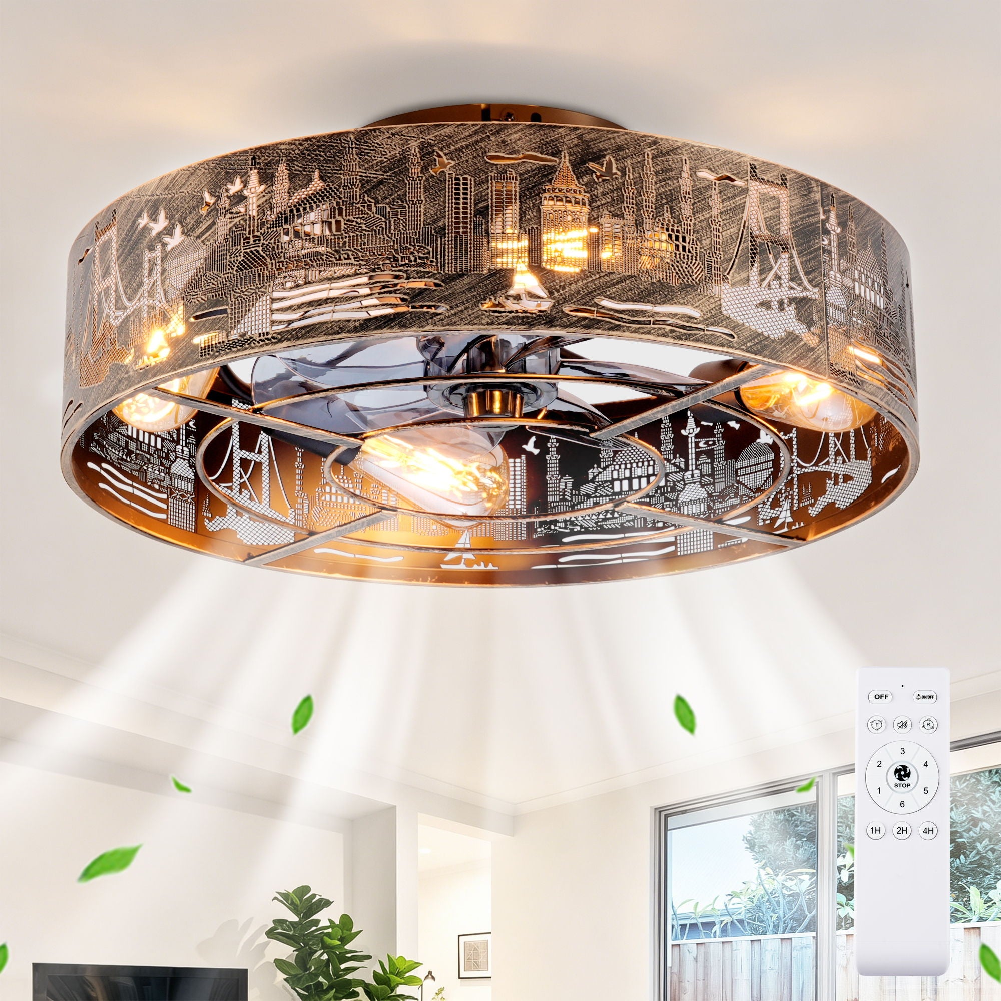 20" Iron Art Ceiling Fans With Remote, Flush Mount Ceiling Fan With 6 Speeds Reversible Motor, Not Included Bulbs - Blush / Gold / Bronze