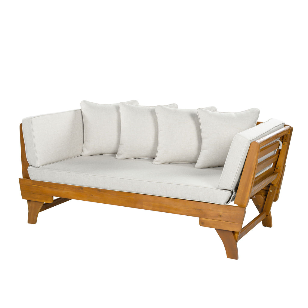 Outdoor Patio Daybed Sofa With Foldable Arm, 3 Seat With 4 Back Pillows - Beige / Teak