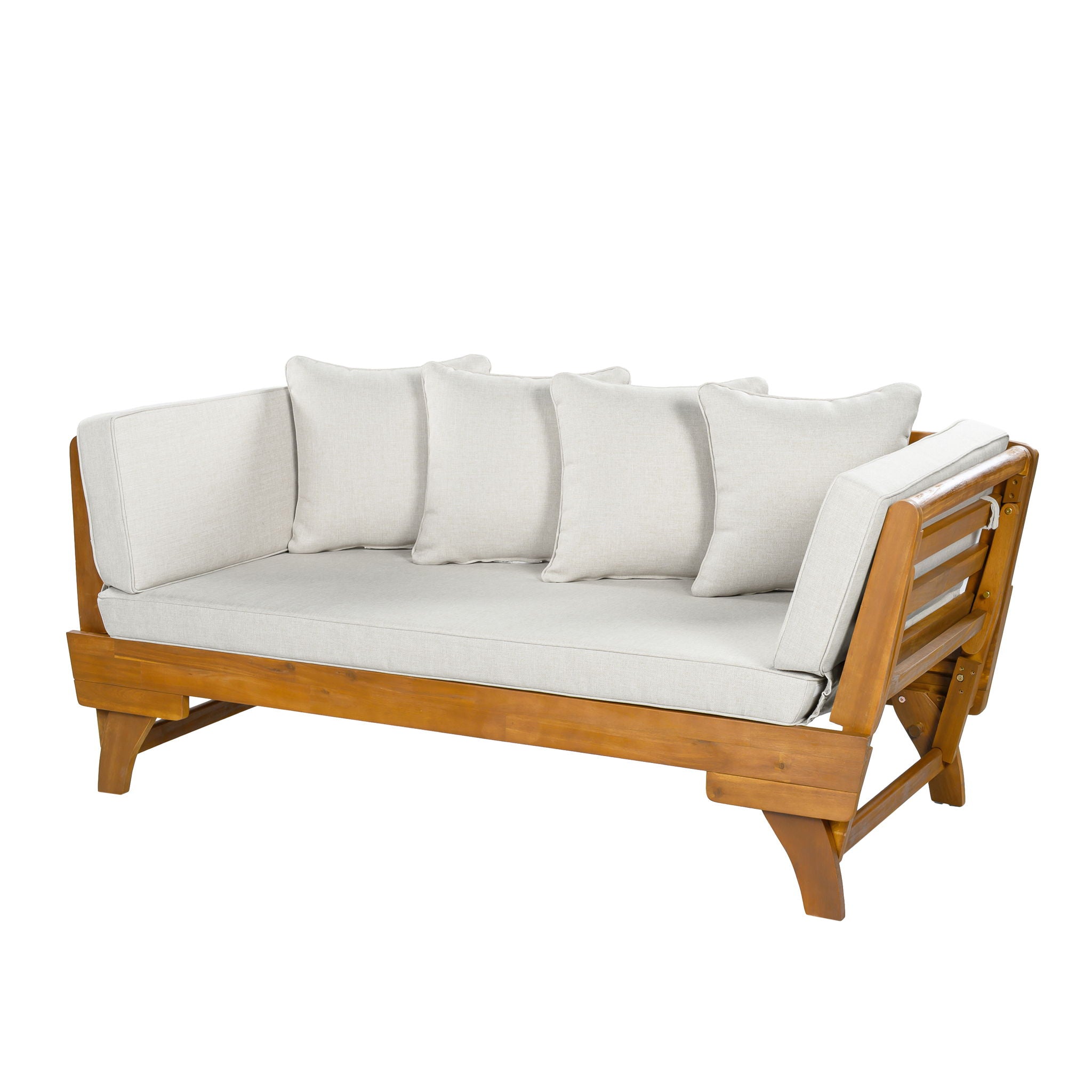 Outdoor Patio Daybed Sofa With Foldable Arm, 3 Seat With 4 Back Pillows - Beige / Teak