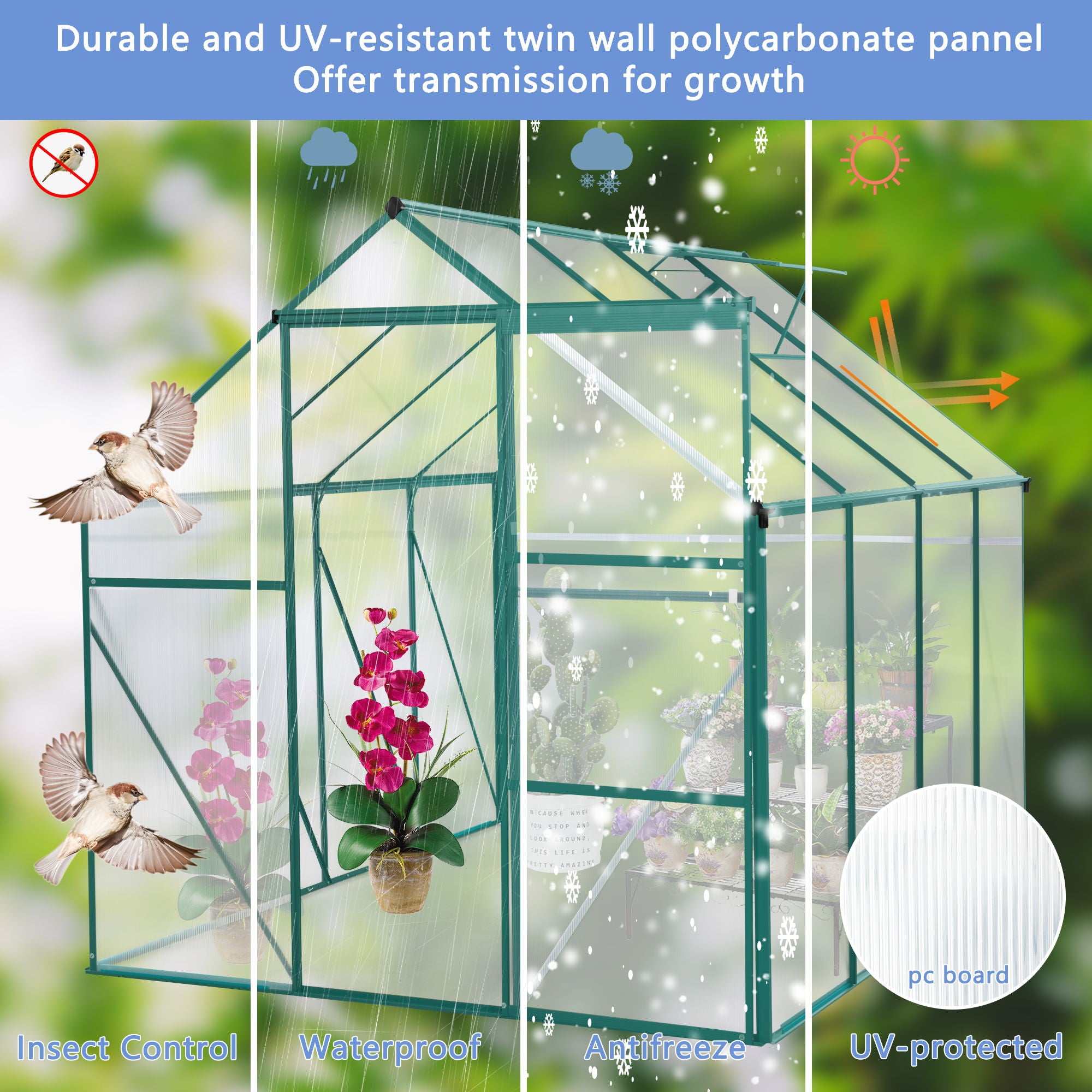 Polycarbonate house Raised Base And Anchor Aluminum Heavy Duty Walk-In houses For Outdoor Backyard In All Season